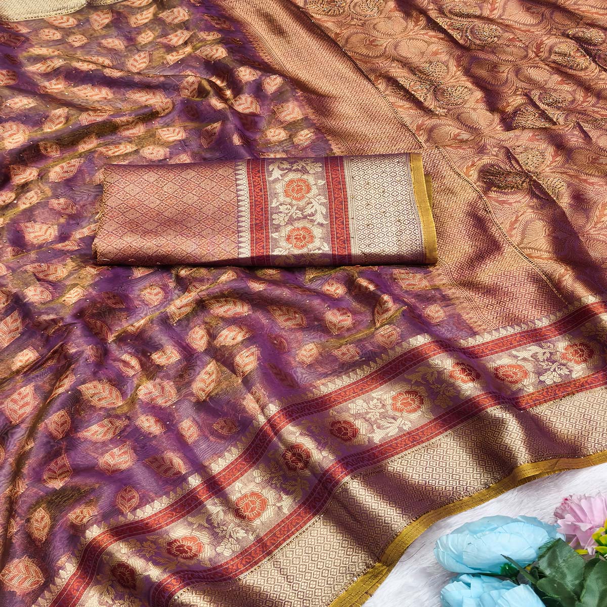 Purple Woven Banarasi Crunchy Silk Saree With Leaf & Floral Motifs Accented By Sparkling Stone
