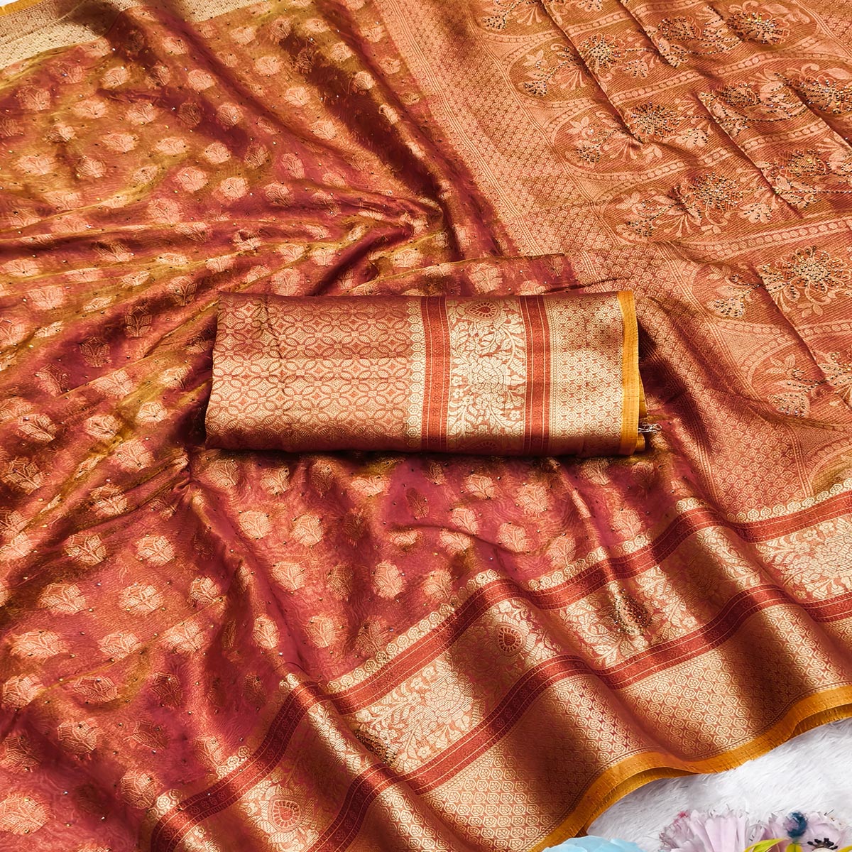 Stunning Brick Red Floral Weaving Banarasi Crushy Silk Saree With Stone Work & Tassel Pallu