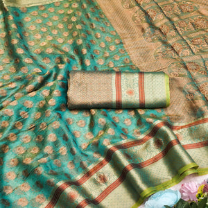 Stunning Turquoise Floral Weaving Banarasi Crushy Silk Saree With Stone Work & Tassel Pallu