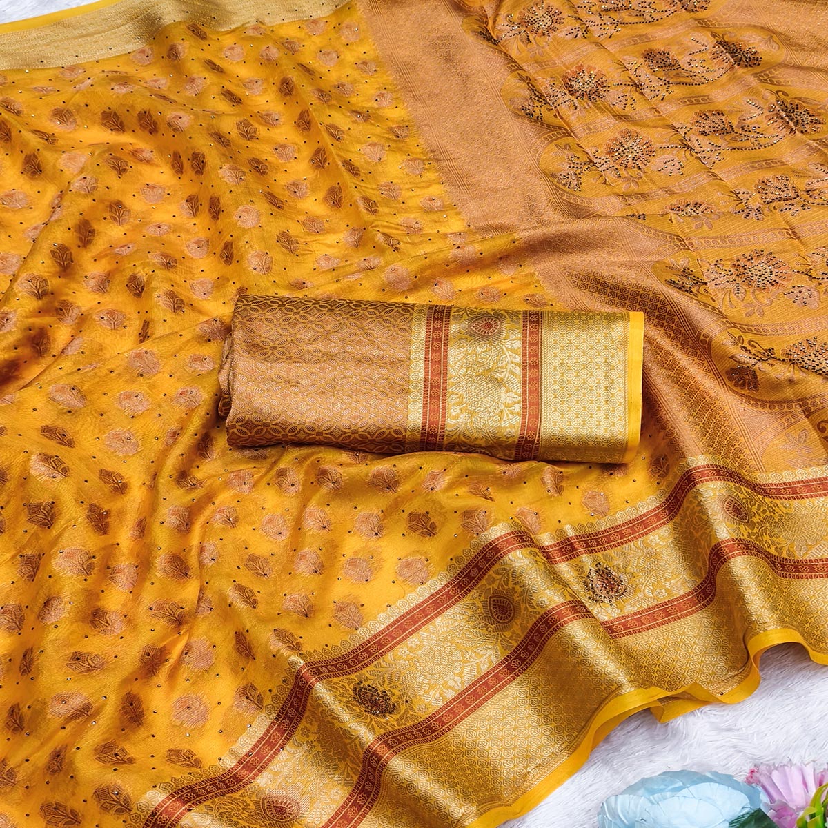 Stunning Yellow Floral Weaving Banarasi Crushy Silk Saree With Stone Work & Tassel Pallu