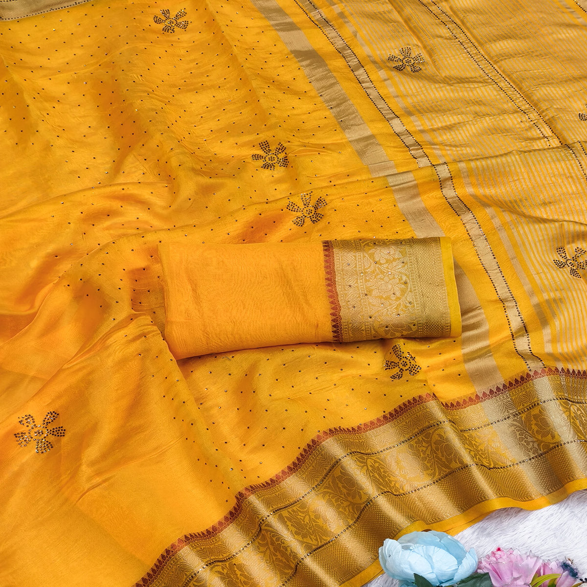 Exquisite Yellow Floral Weaving Banarasi Crushy Silk Saree With Sparkling Stone Work