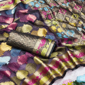 Graceful Purple Banarasi Silk Saree Enhanced With Tree Motif Zari Weaving & Stone Work
