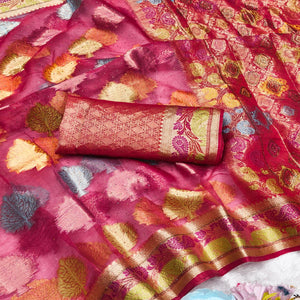 Graceful Rani Pink Banarasi Silk Saree Enhanced With Tree Motif Zari Weaving & Stone Work