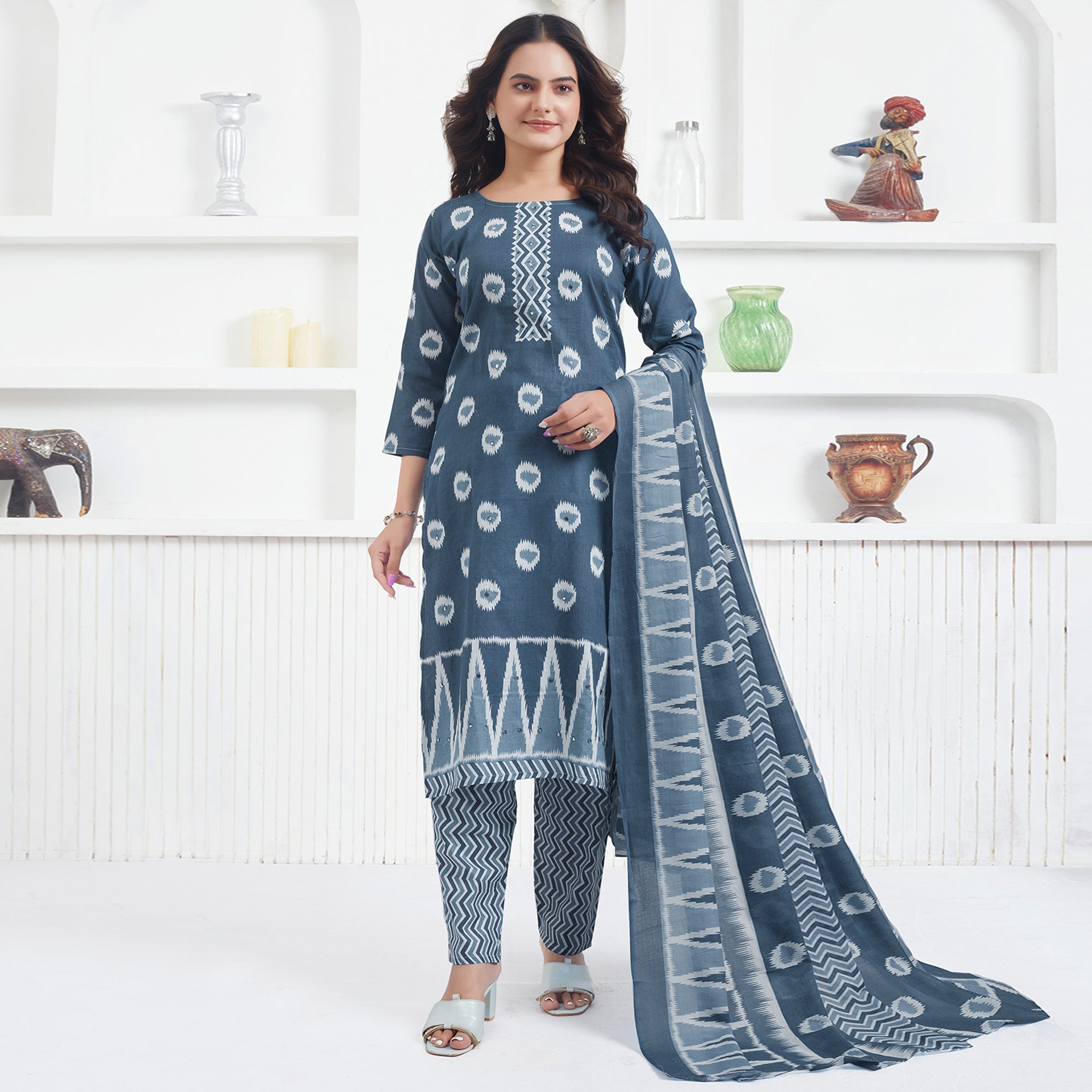 Grey Printed Pure Cotton Salwar Suit With Mirror Work