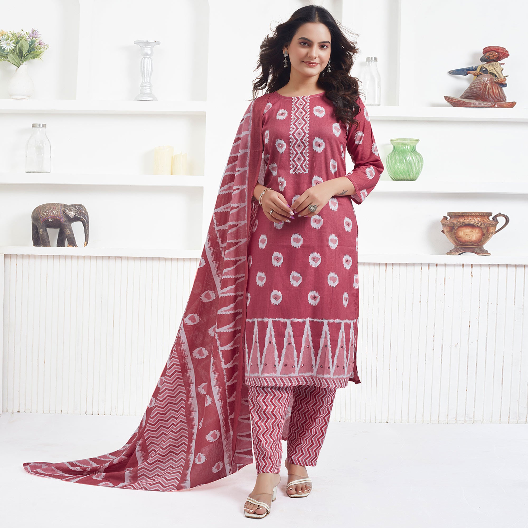 Light Red Printed Pure Cotton Salwar Suit With Mirror Work