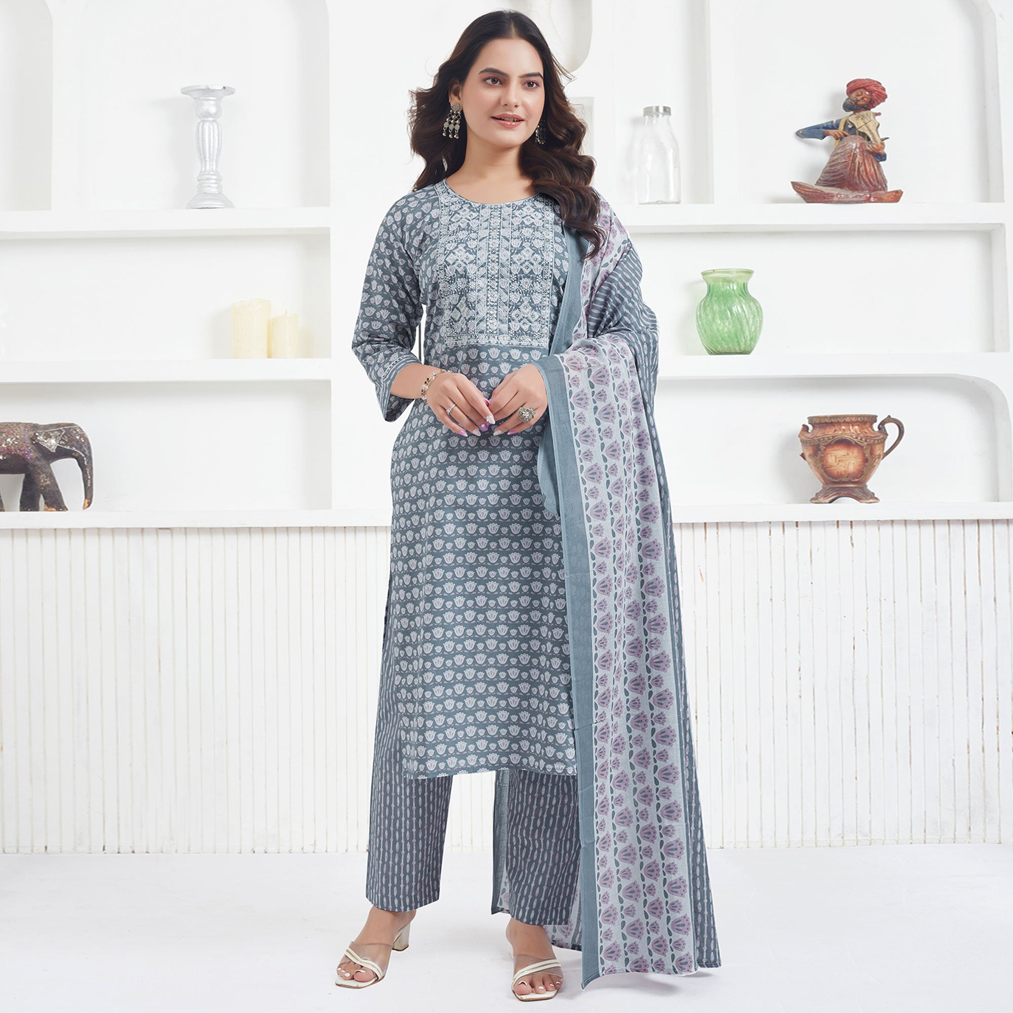 Grey Printed Pure Cotton Salwar Suit With Sequins Work