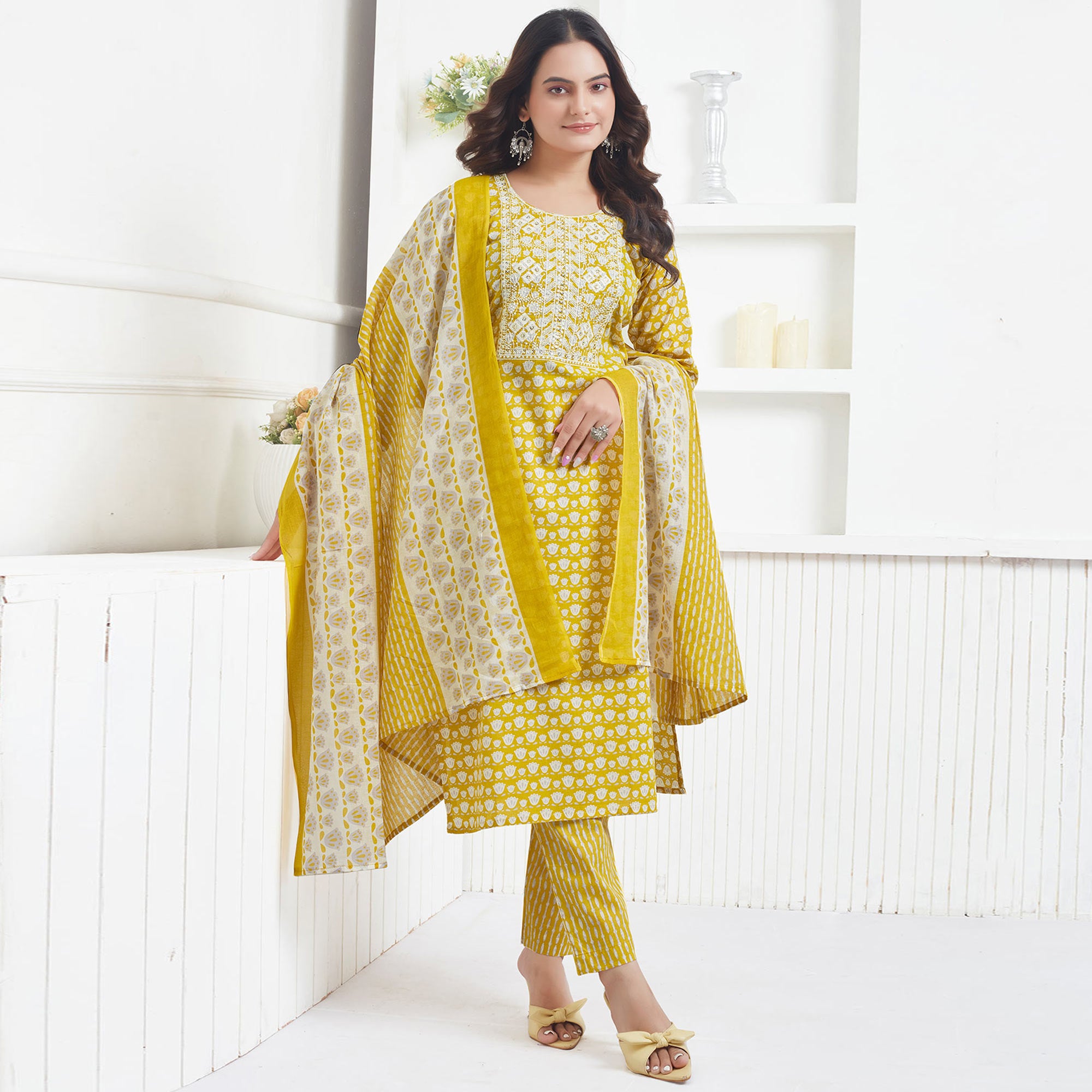 Mustard Printed Pure Cotton Salwar Suit With Sequins Work