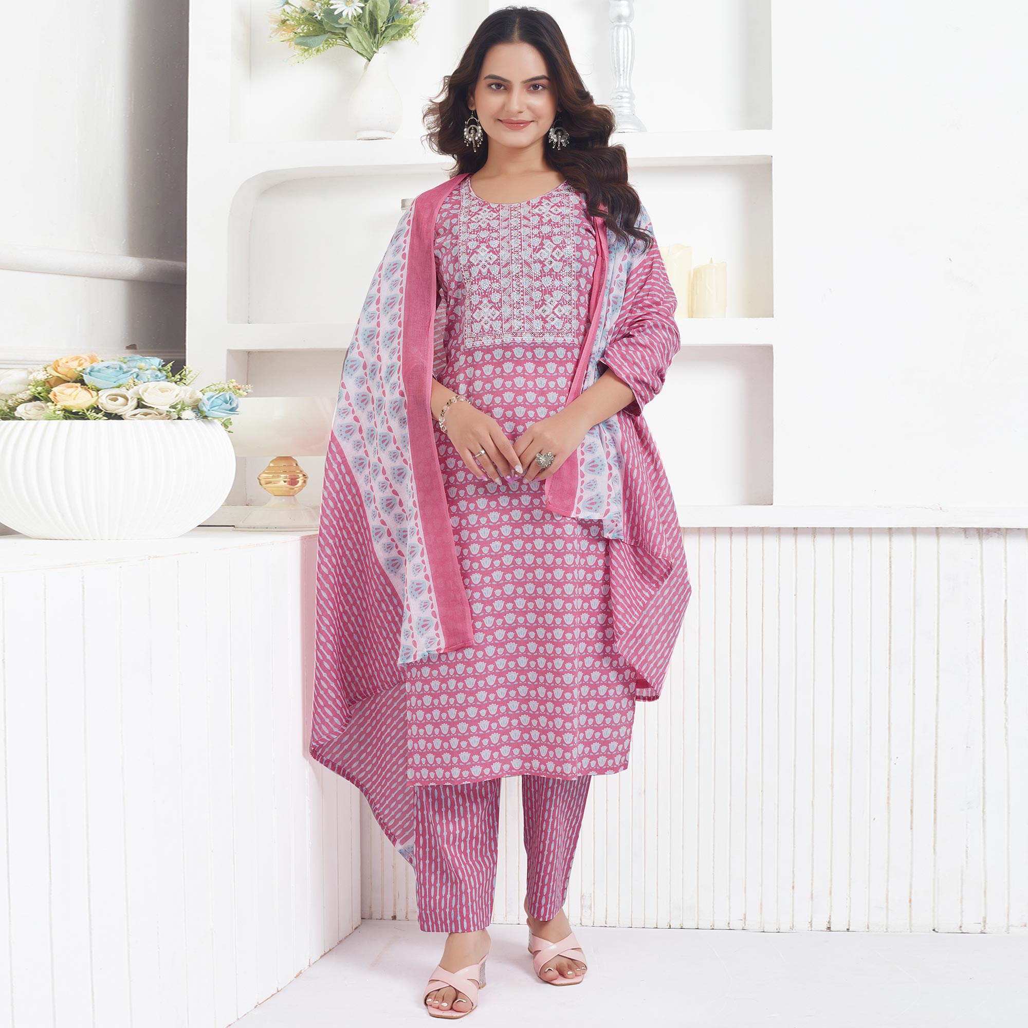 Pink Printed Pure Cotton Salwar Suit With Sequins Work