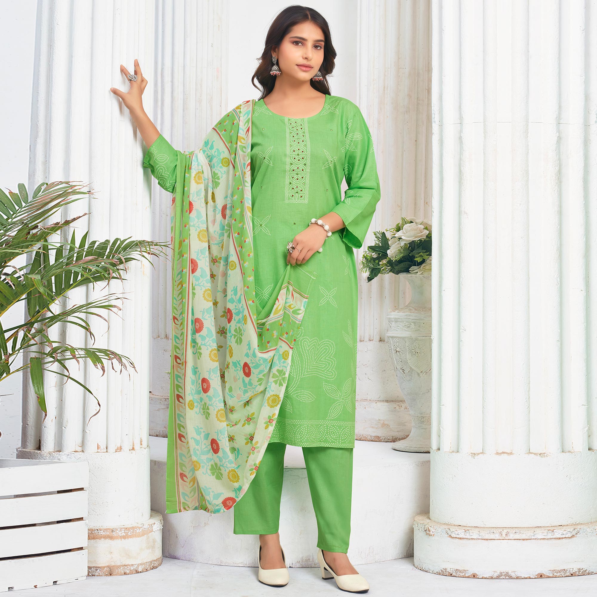 Green Floral Printed Pure Cotton Salwar Suit