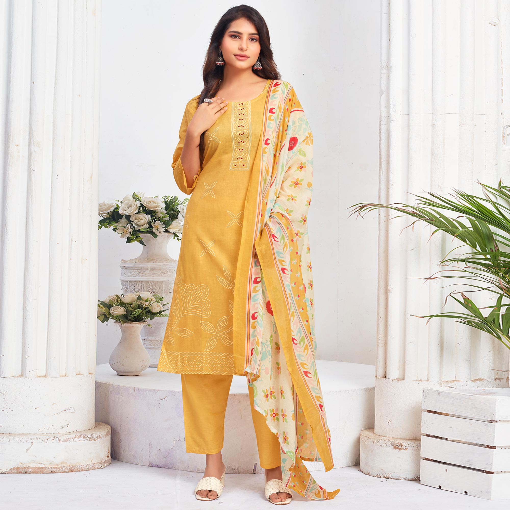 Mustard Floral Printed Pure Cotton Salwar Suit