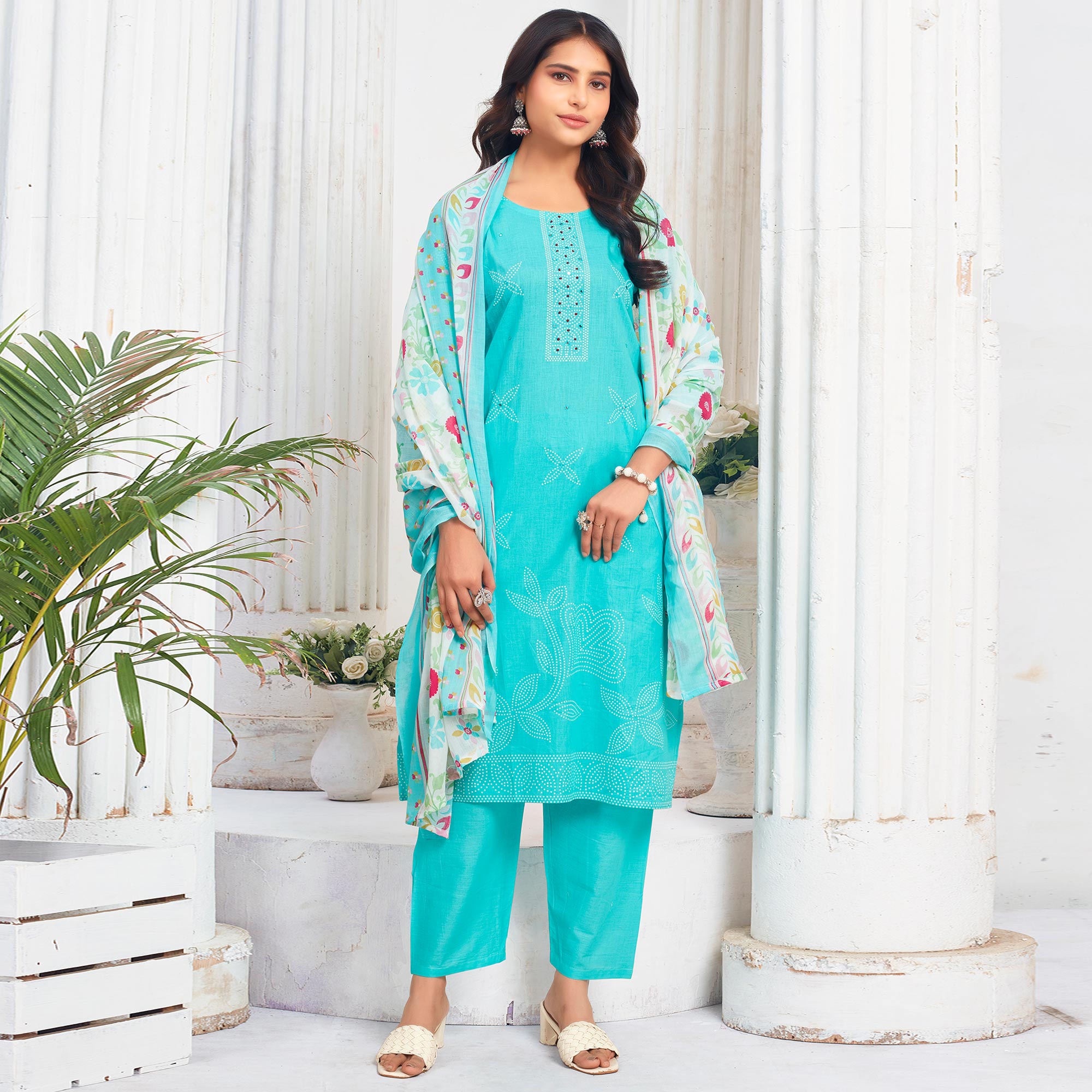 Turquoise Floral Printed Pure Cotton Salwar Suit