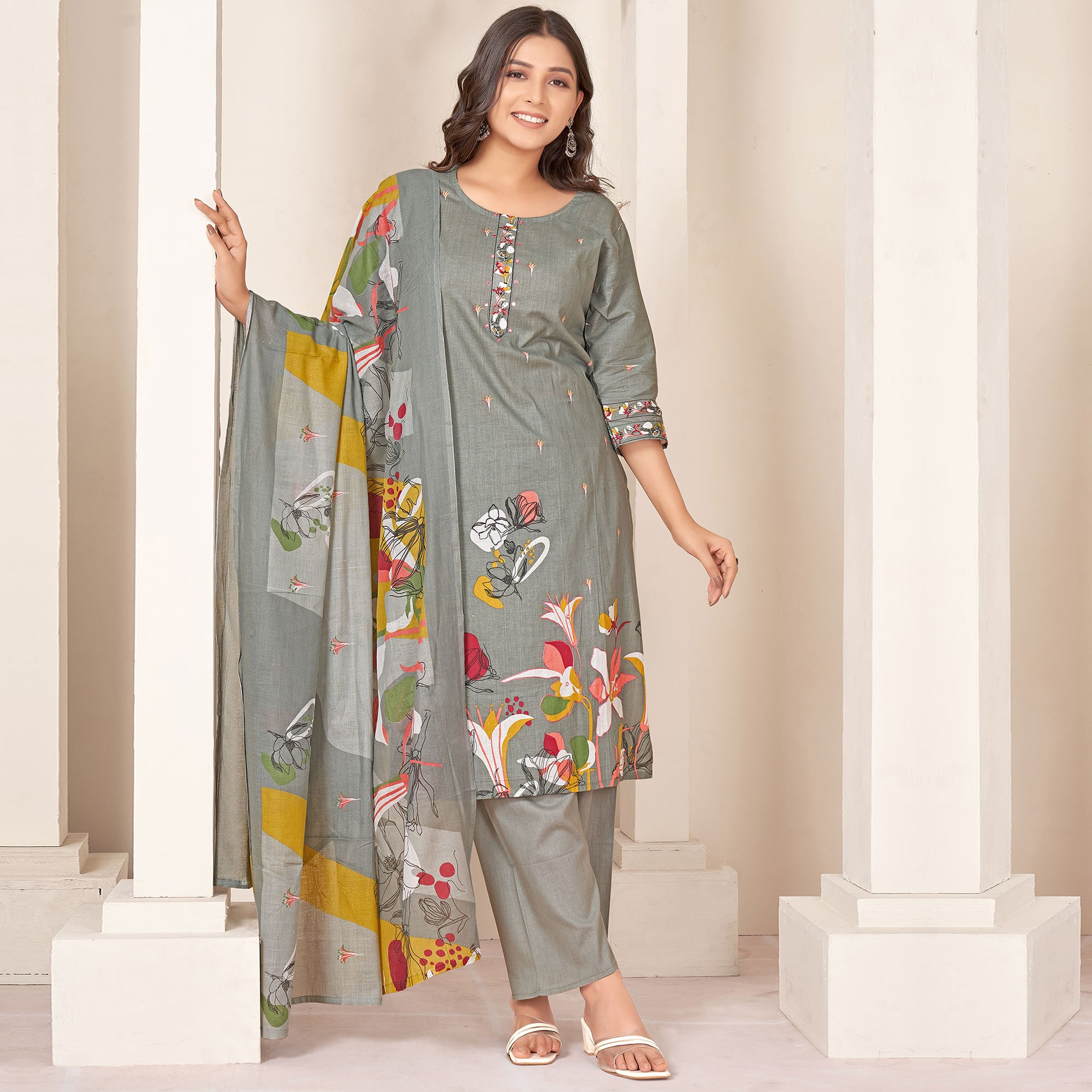 Grey Floral Printed Pure Cotton Straight Salwar Suit