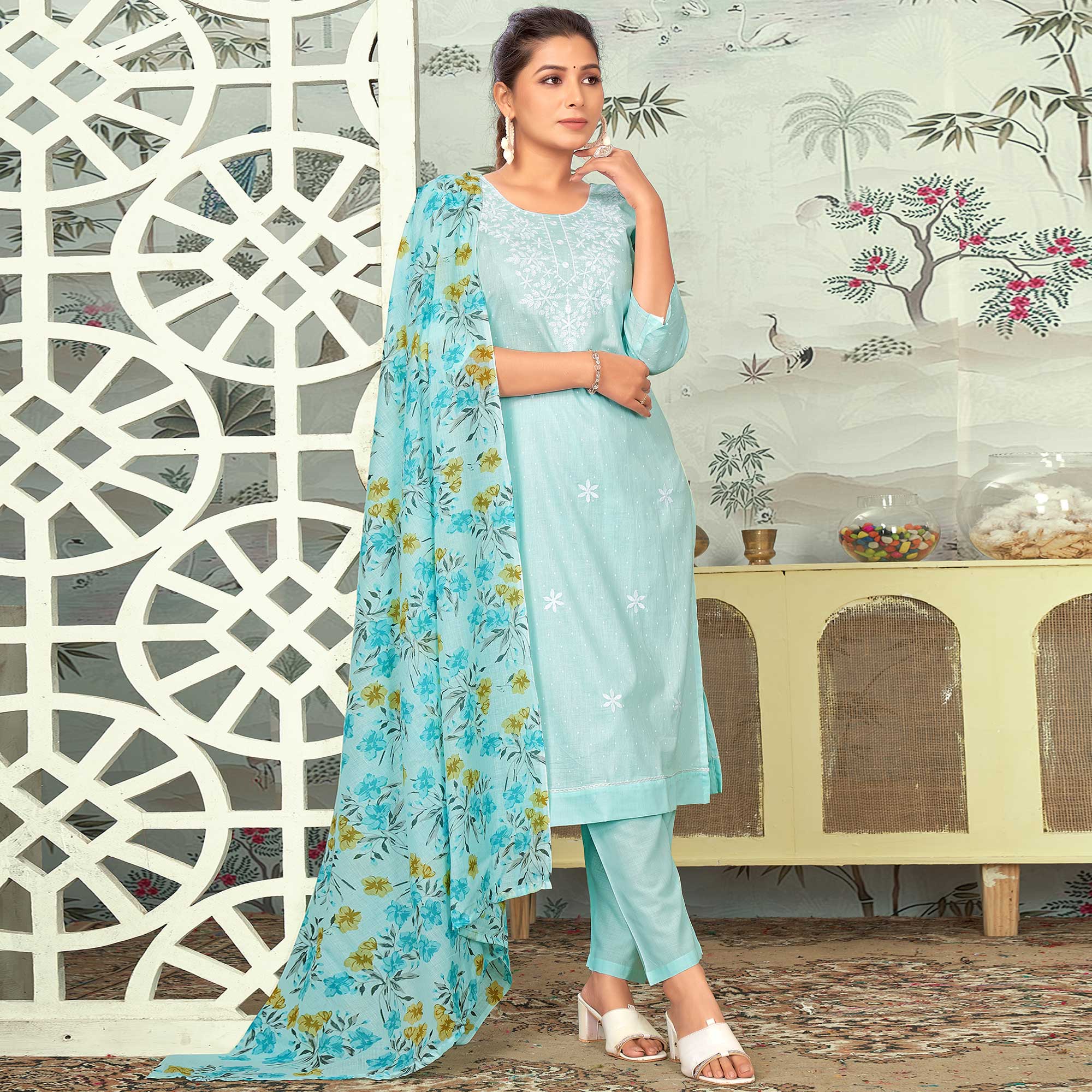 Blue Embroidered Pure Cotton Salwar Suit