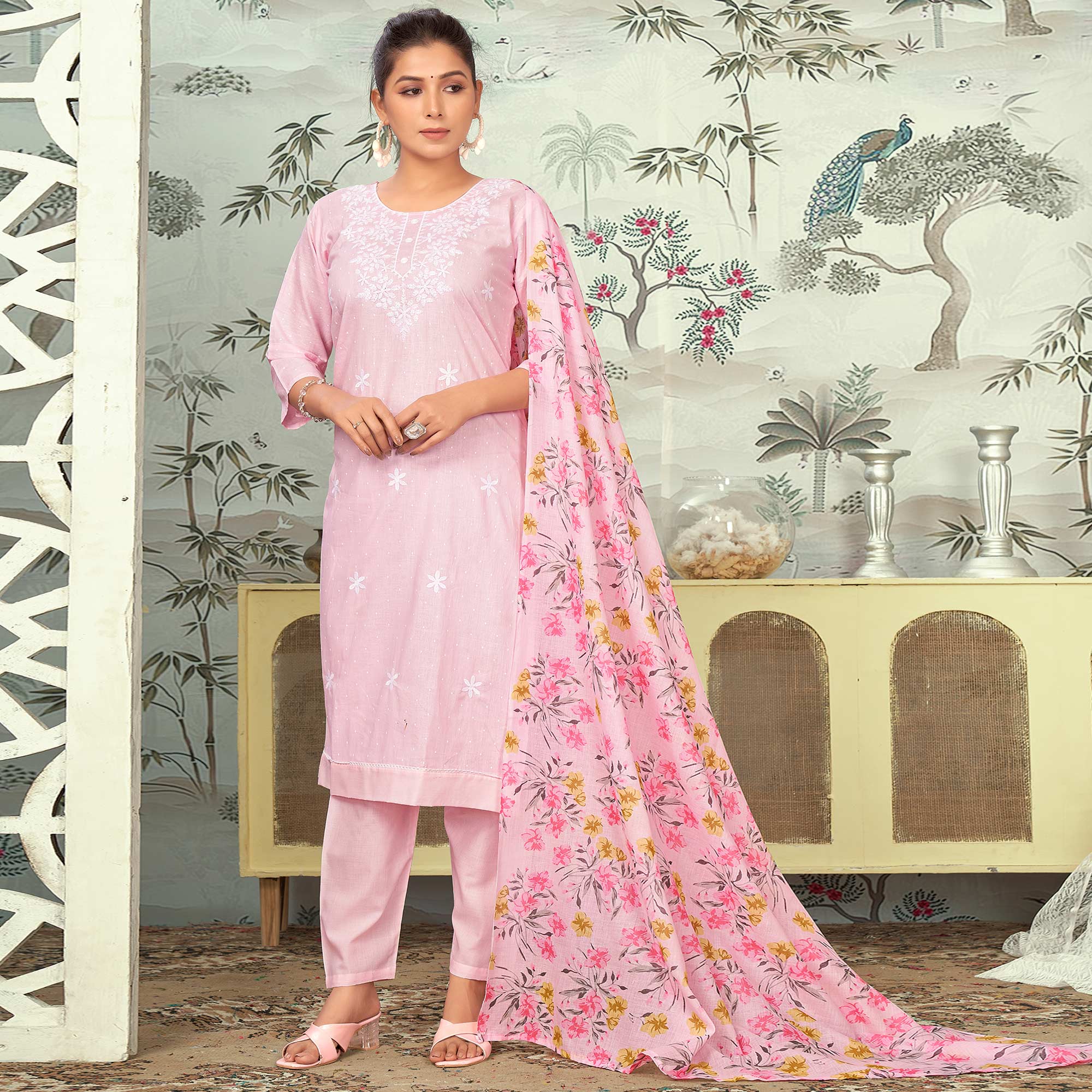 Light Pink Embroidered Pure Cotton Salwar Suit