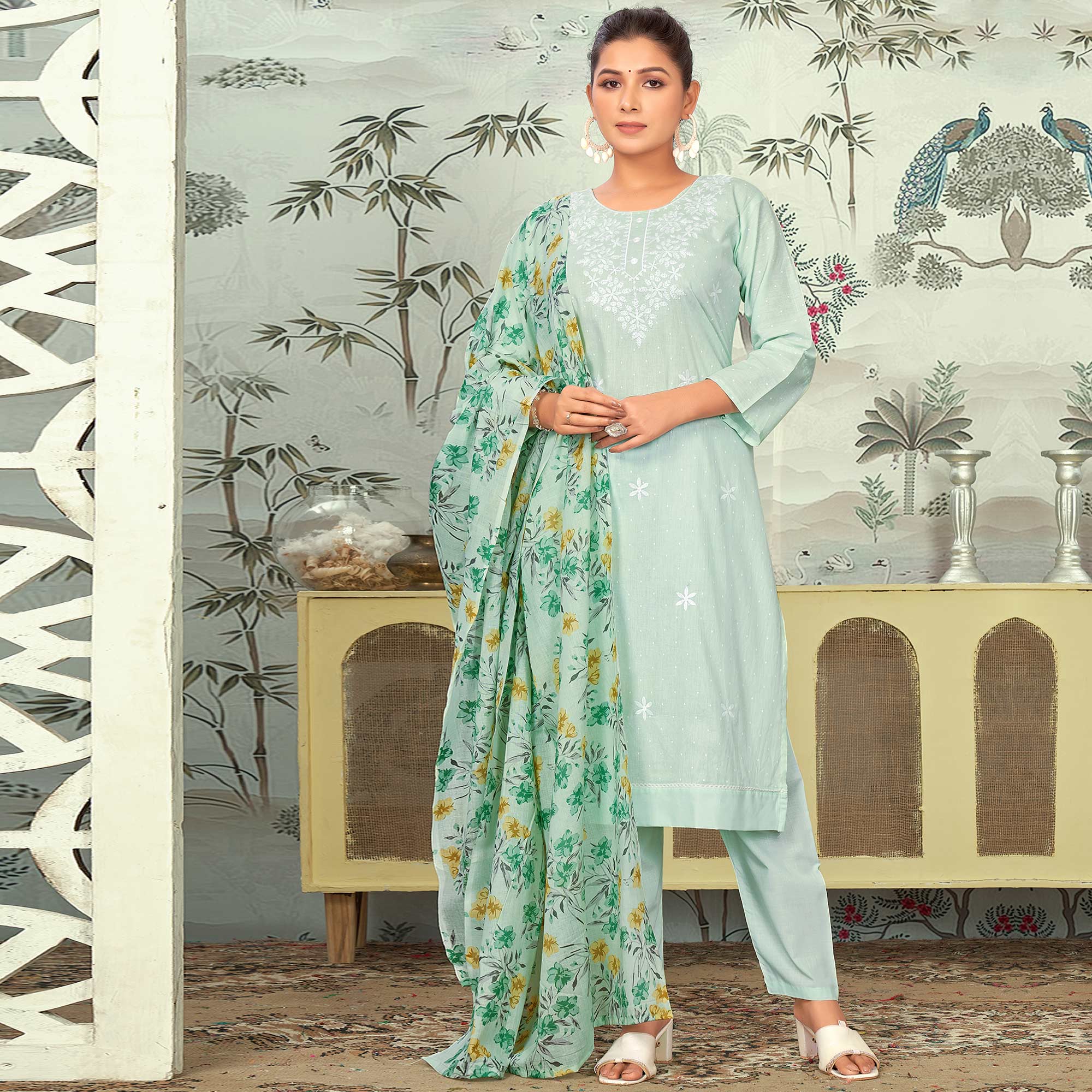 Sea Green Embroidered Pure Cotton Salwar Suit