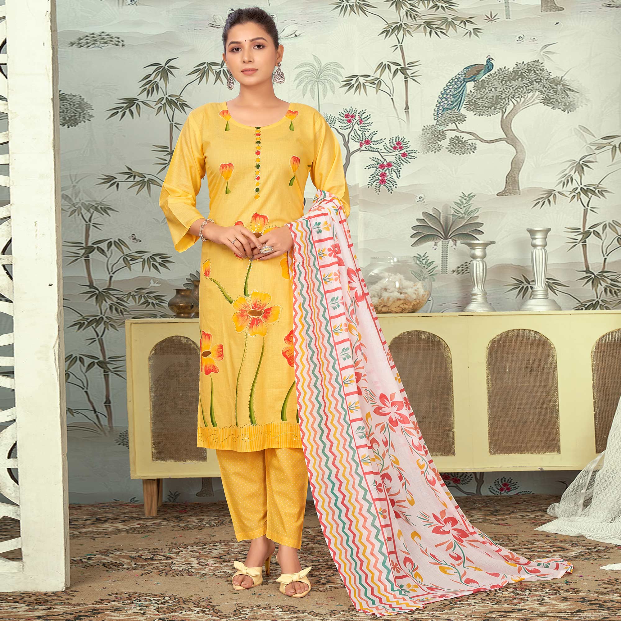 Mustard Floral Printed Pure Cotton Salwar Suit