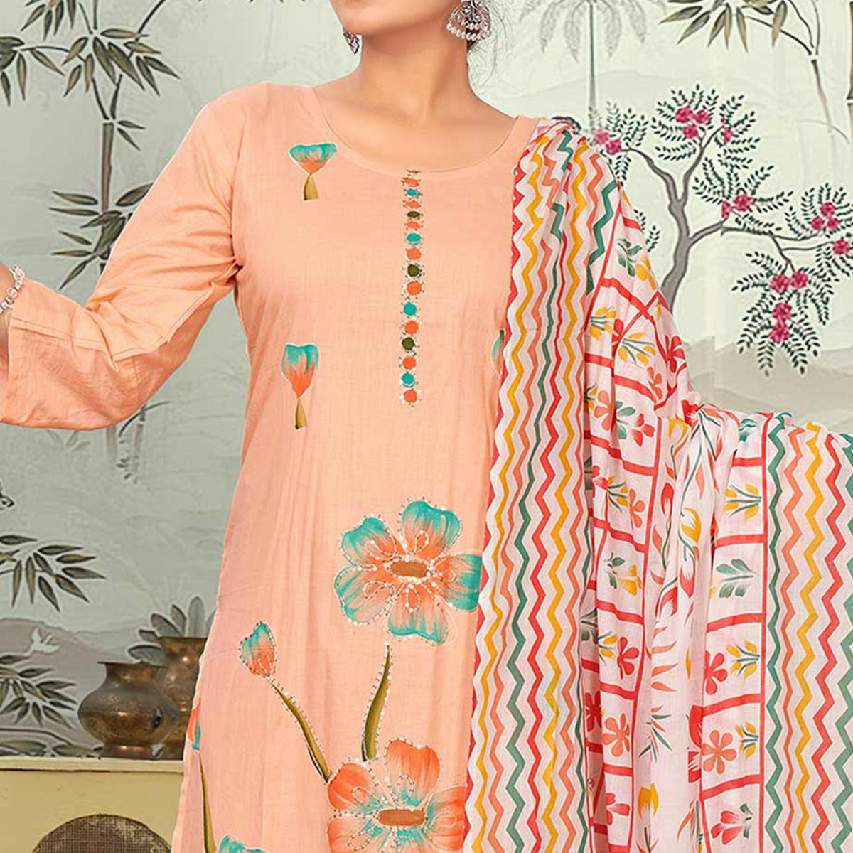 Peach Floral Printed Pure Cotton Salwar Suit