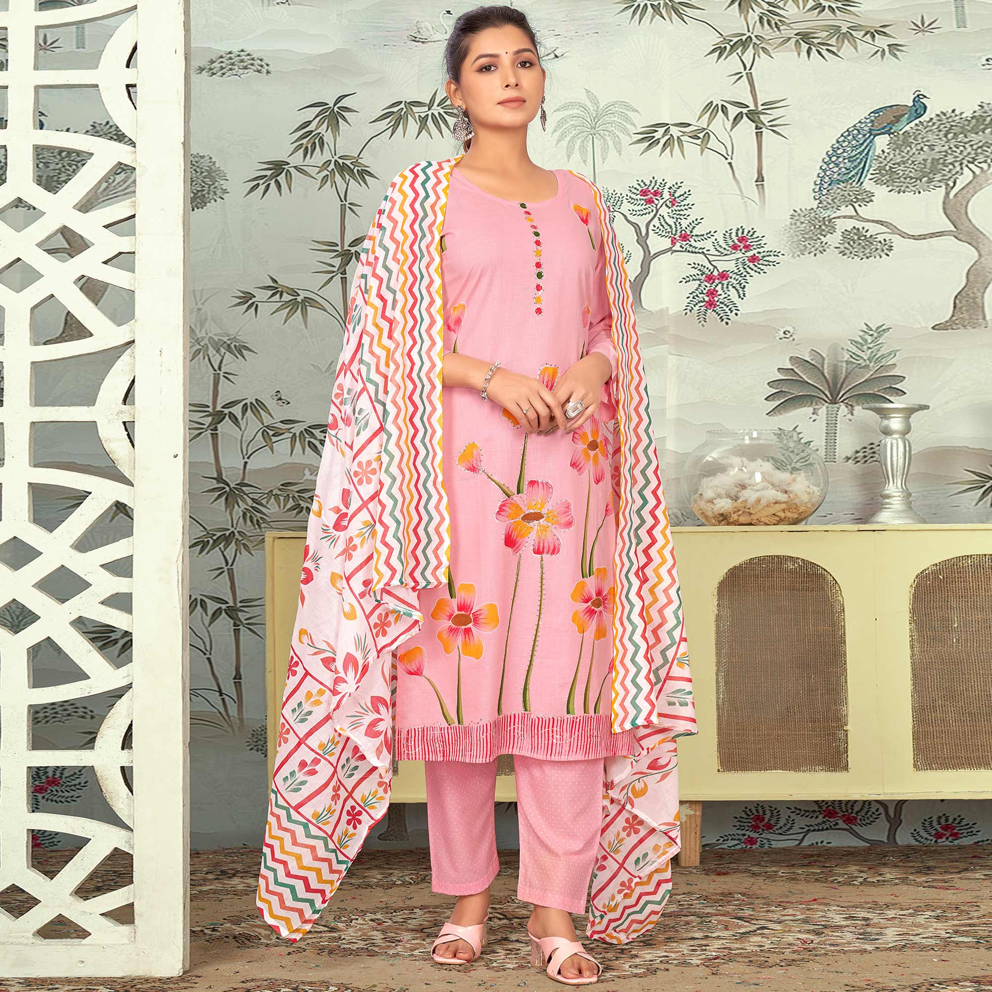 Pink Floral Printed Pure Cotton Salwar Suit