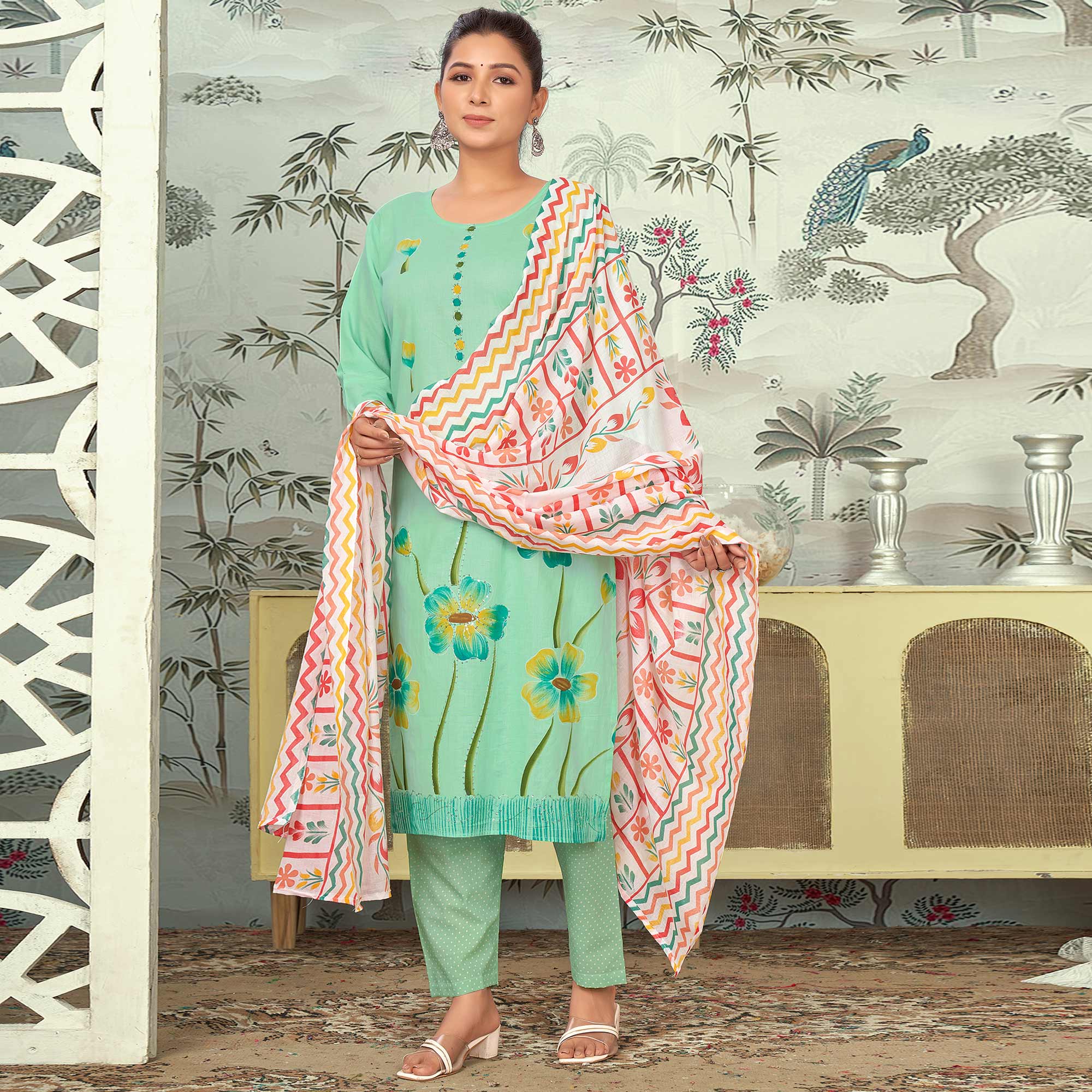 Sea Green Floral Printed Pure Cotton Salwar Suit