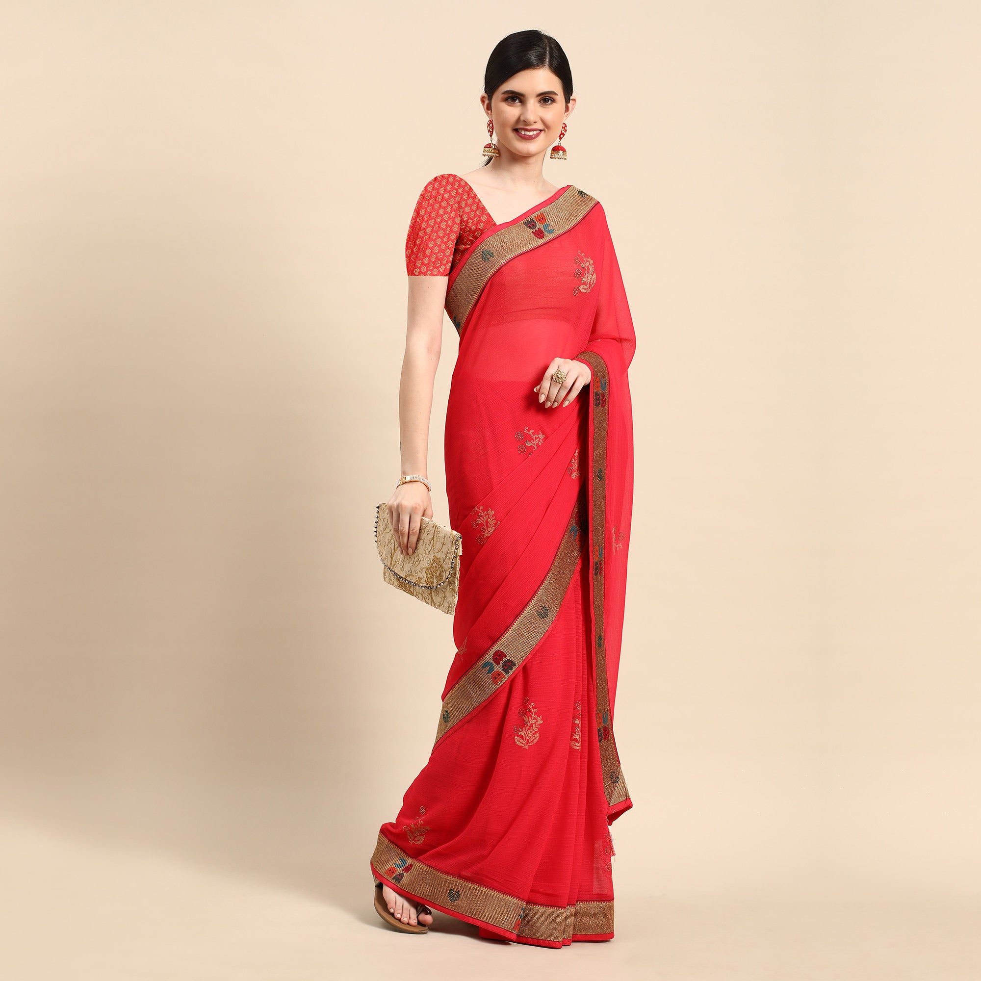 Red Foil Printed With Swarovski Zomato Silk Saree