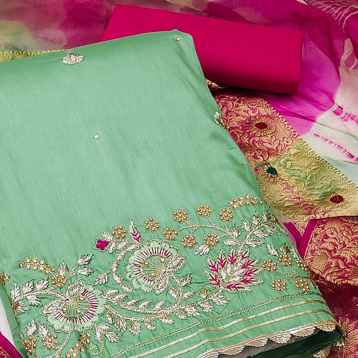 Green Floral Embroidered Pure Cotton Dress Material