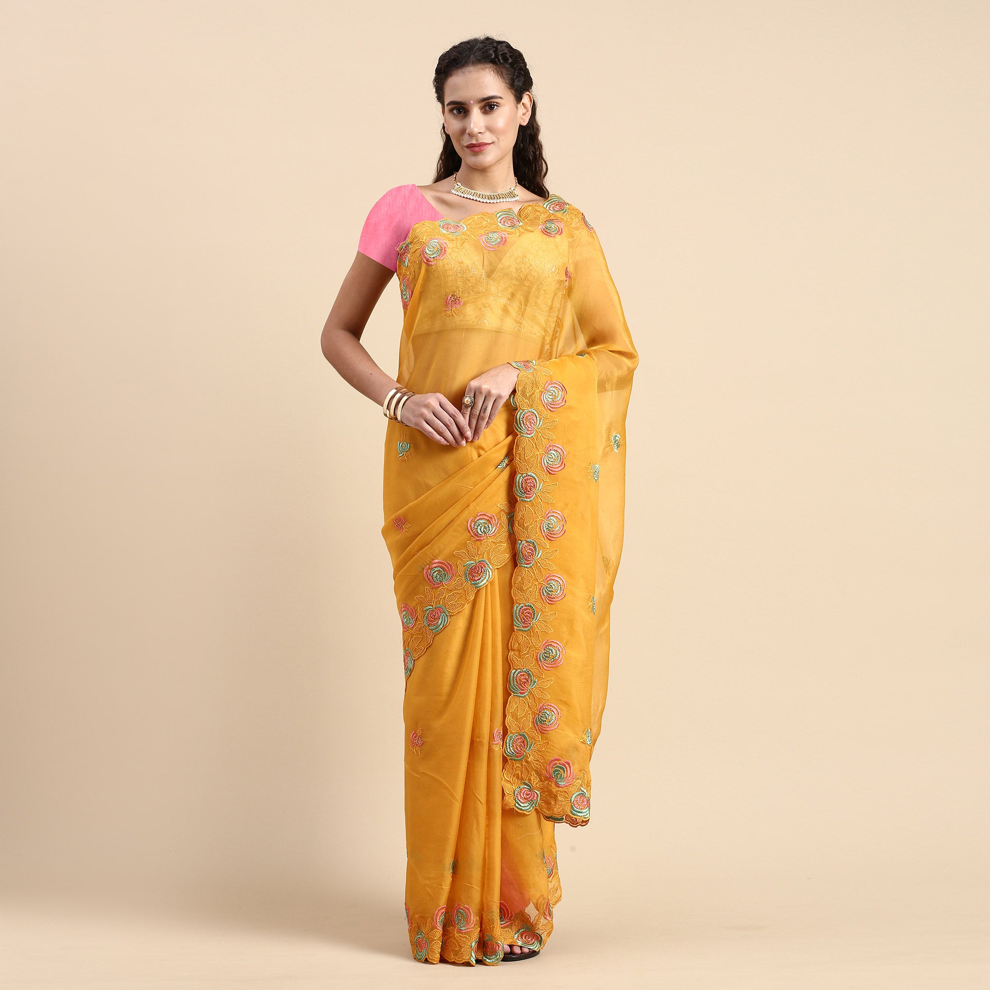 Yellow Floral Embroidered Organza Saree