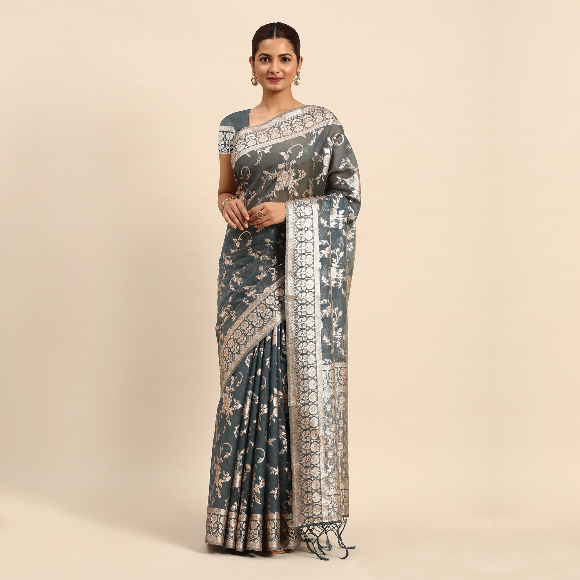 Grey Floral Woven Organza Silk Saree With Tassels