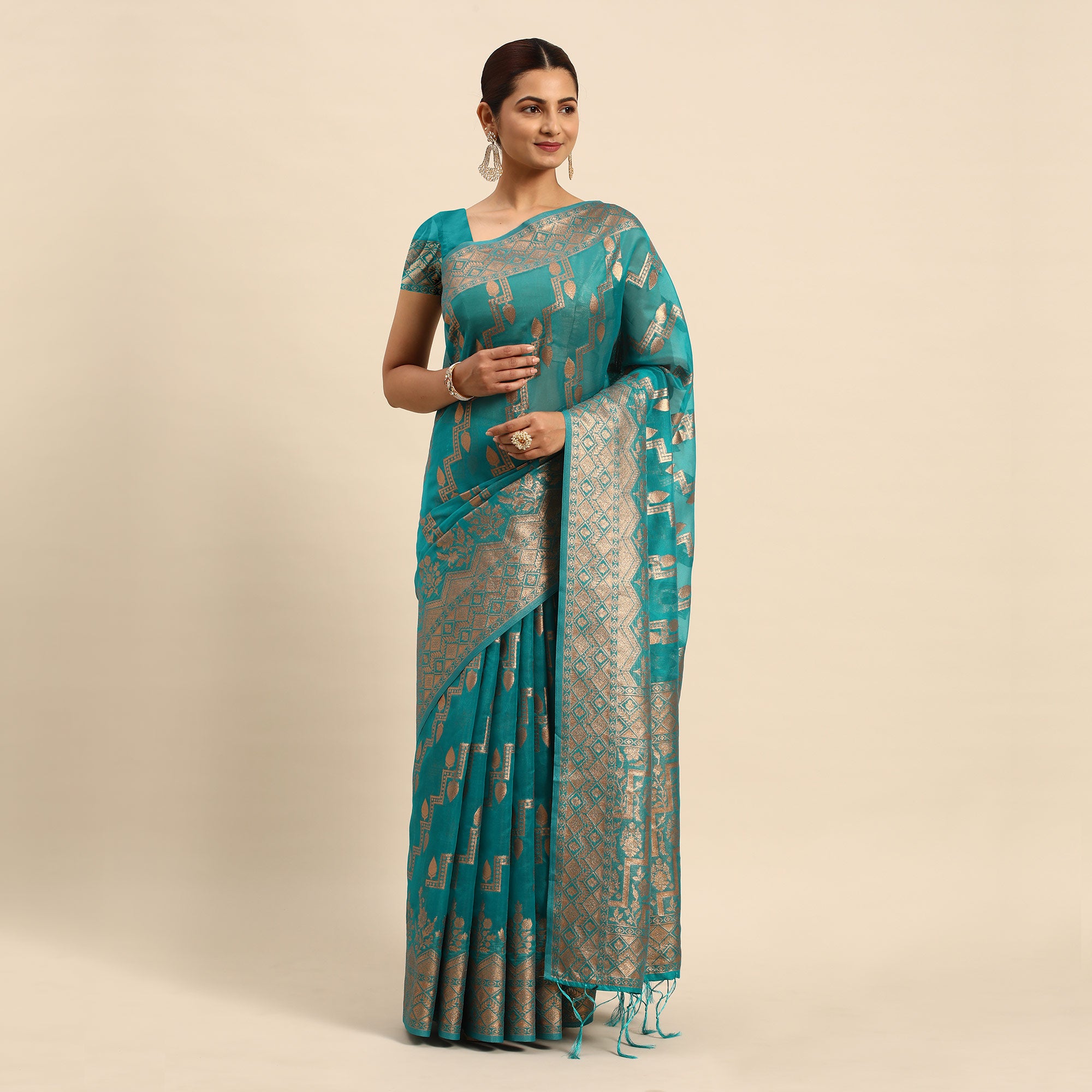 Turquoise Floral Woven Organza Silk Saree With Tassels