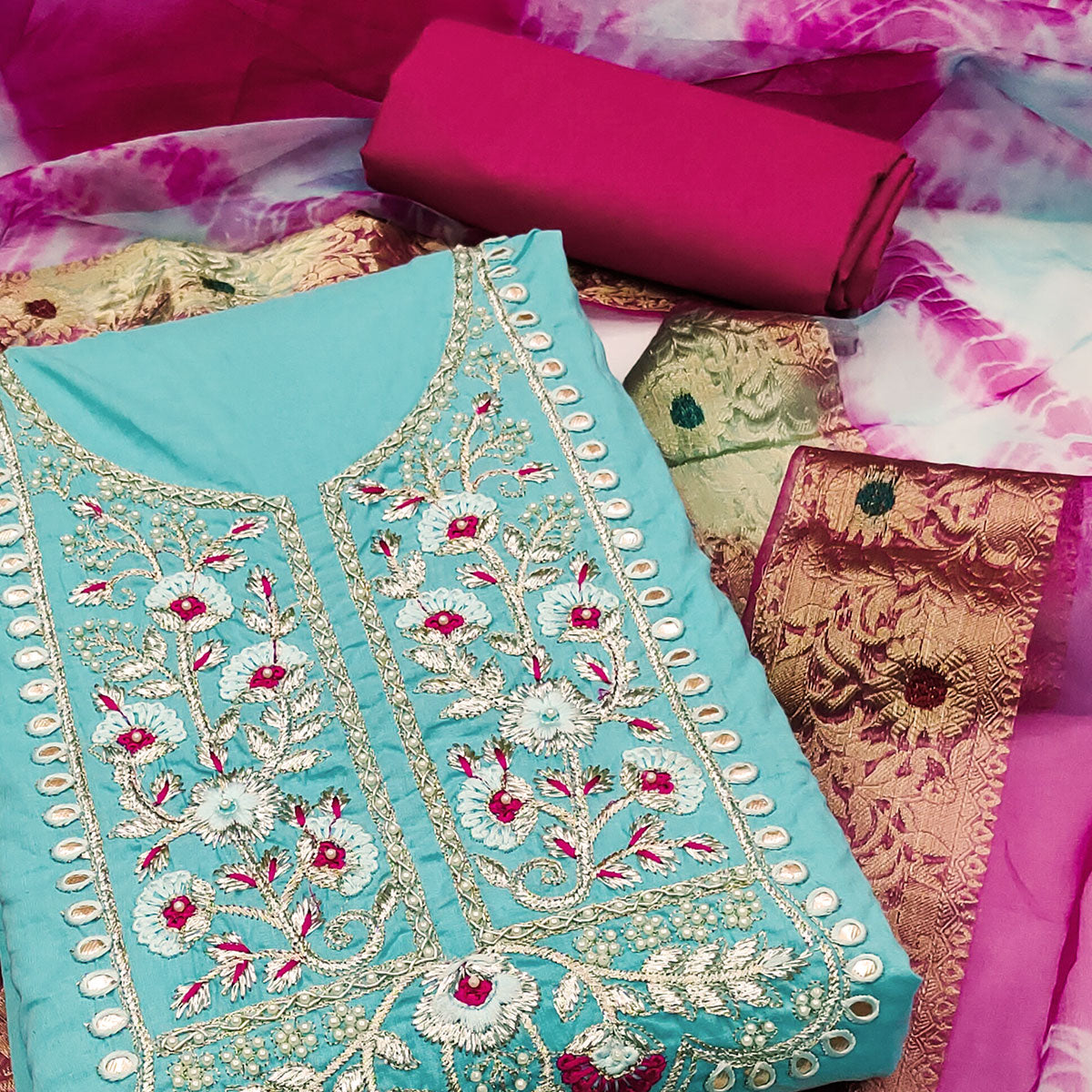 Blue Floral Embroidered Pure Cotton Dress Material