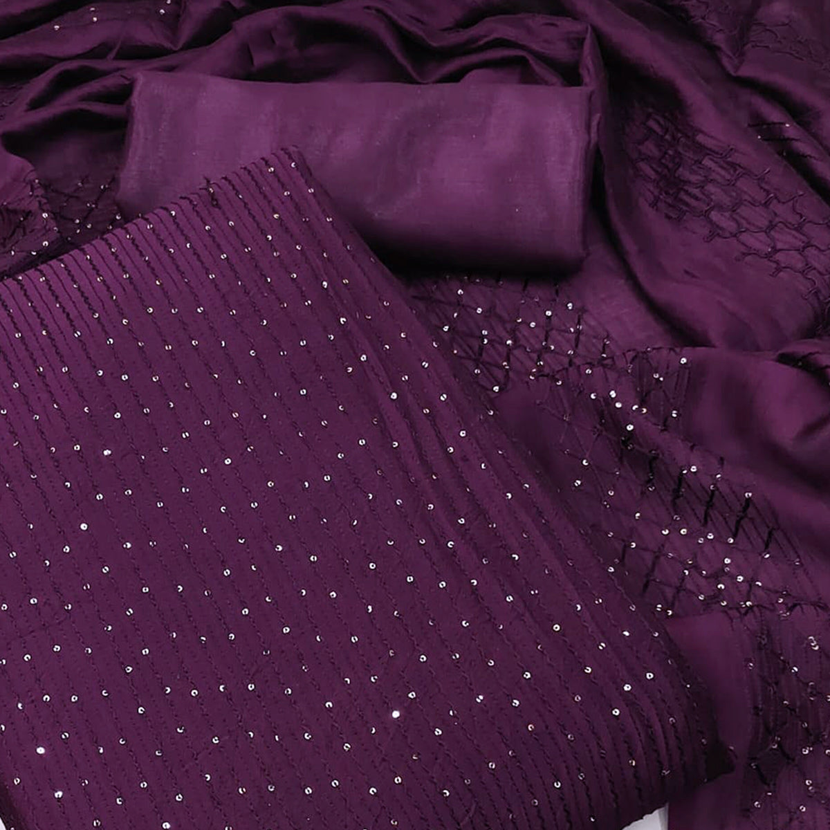 Purple Sequins Embroidered Cotton Dress Material