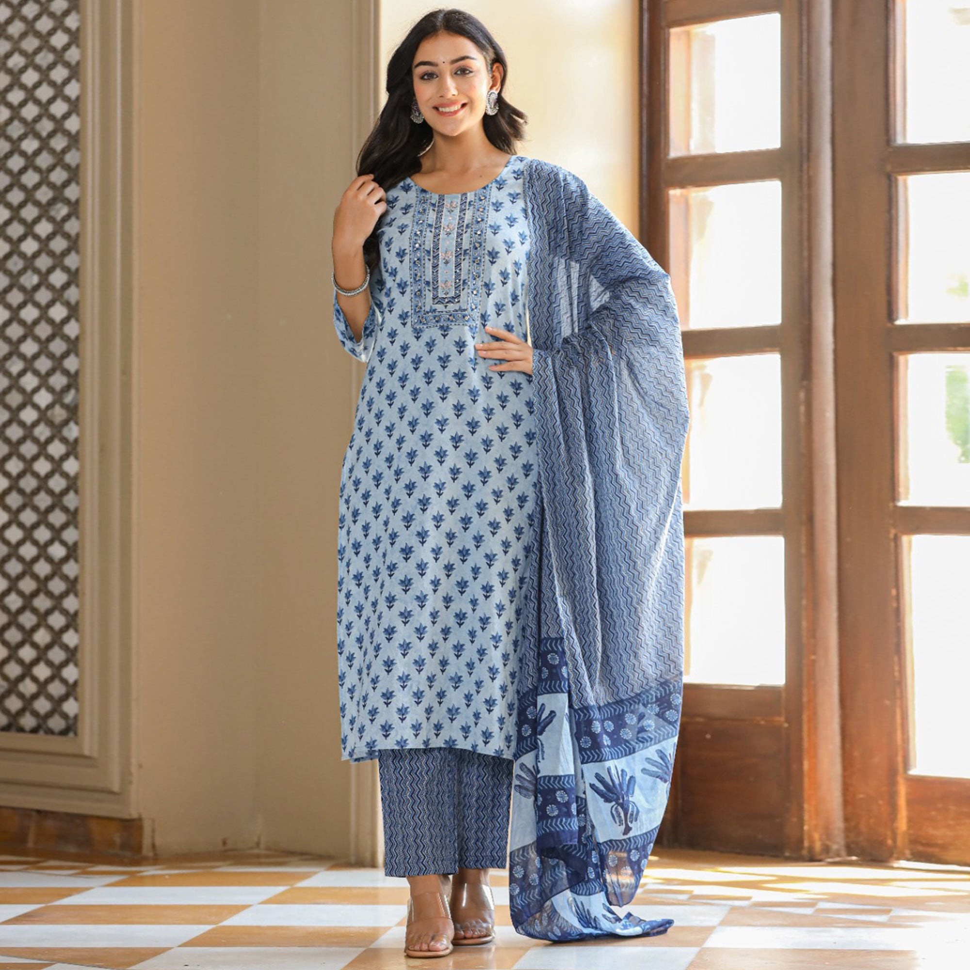 Blue Jaipuri Printed Pure Cotton Suit