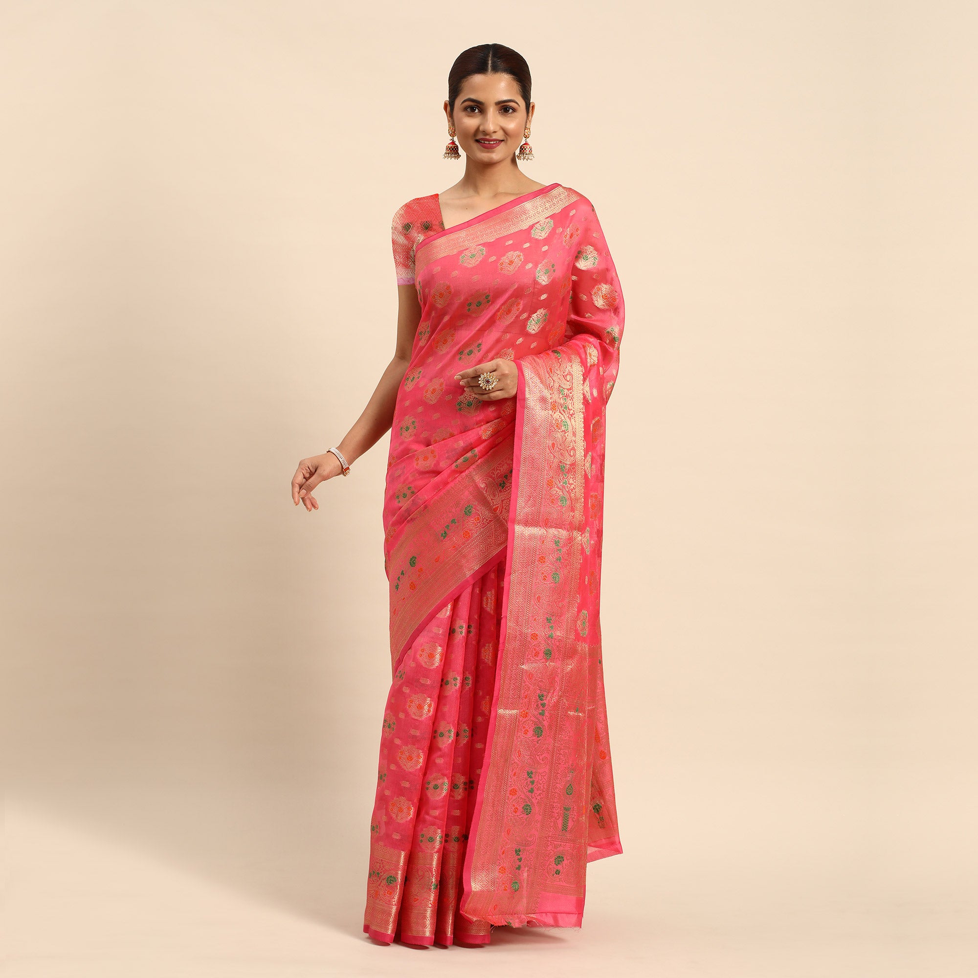 Pink Floral Woven Organza Silk Saree