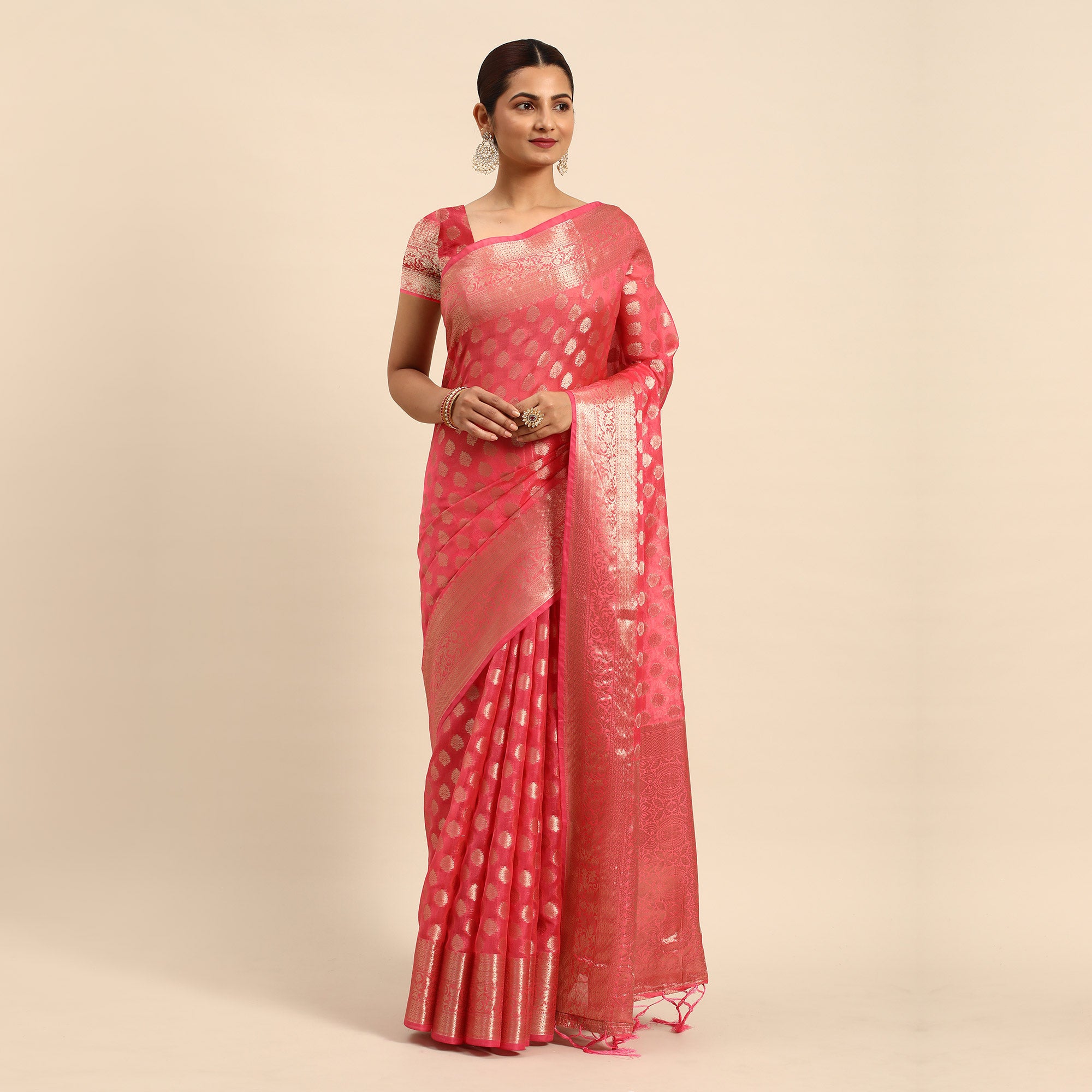 Gajari Pink Woven Organza Silk Saree With Tassels