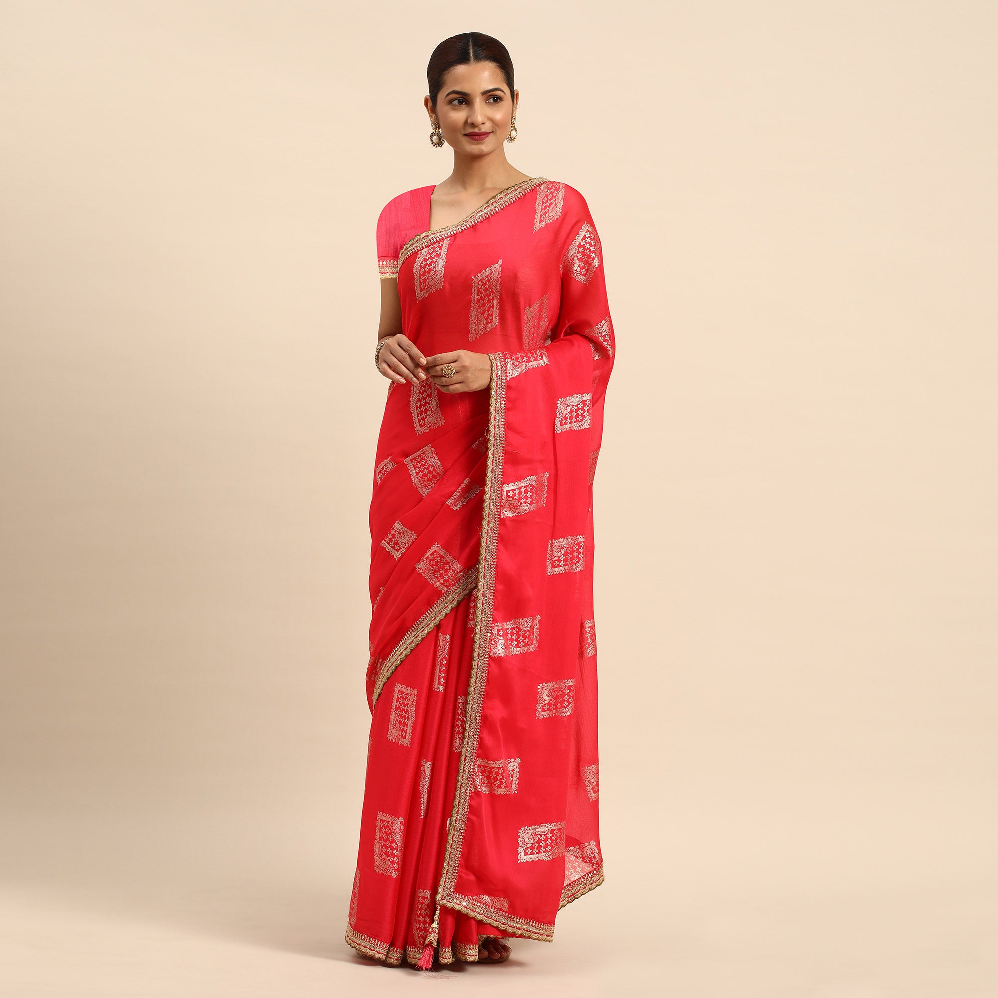 Pink Foil Printed With Embroidered Border Chiffon Saree