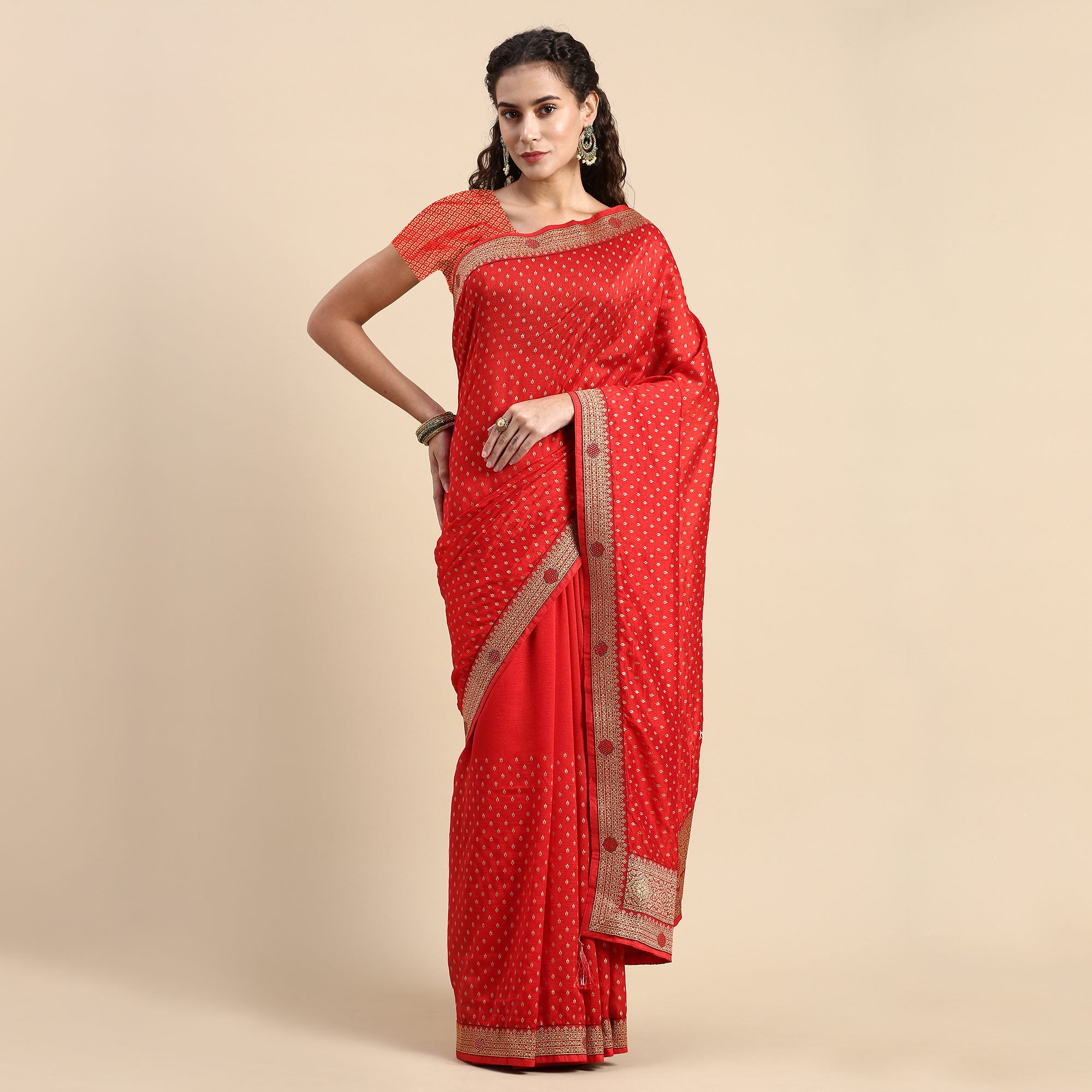 Red Foil Printed With Swarovski Vichitra Silk Saree