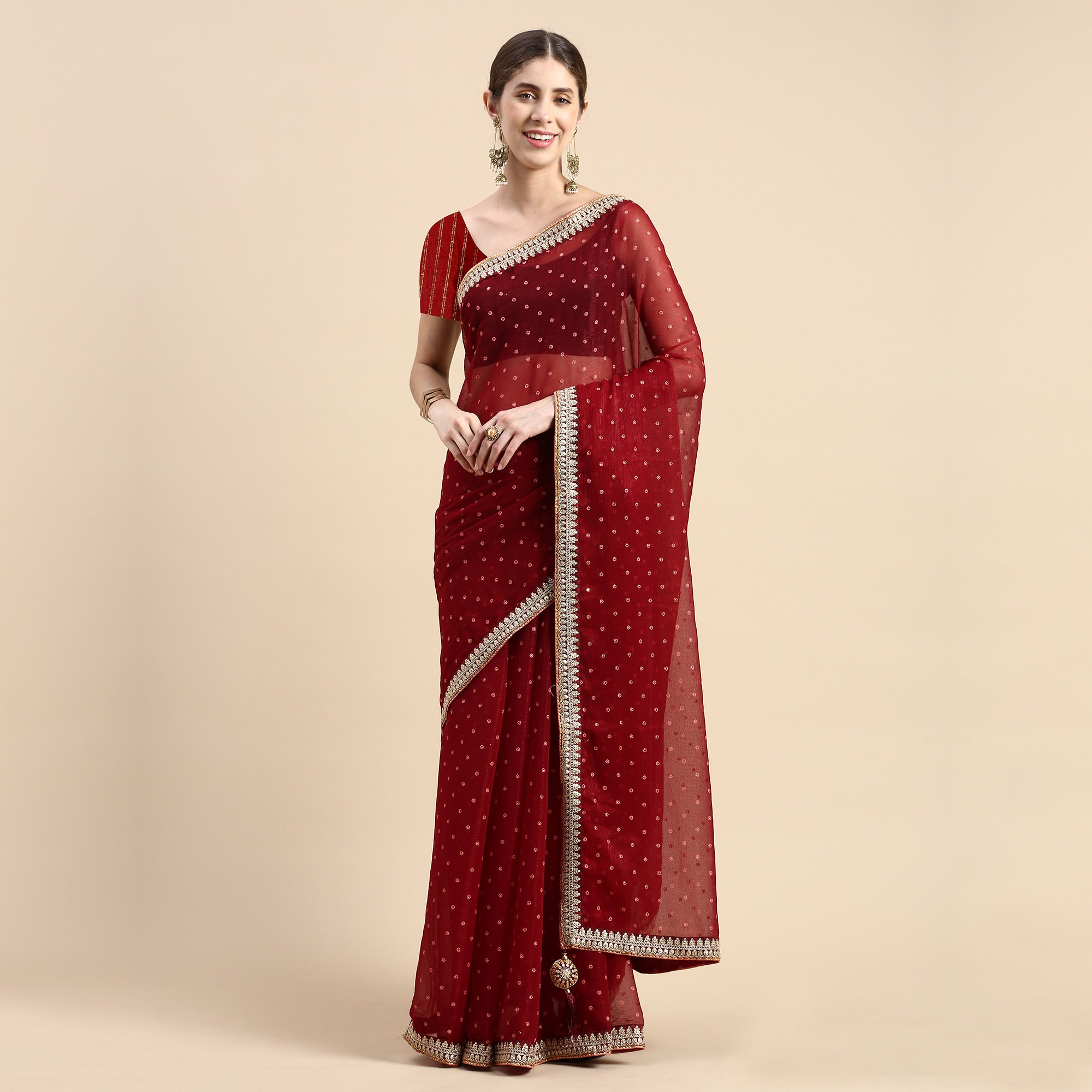 Maroon Foil Printed With Embroidered Border Chiffon Saree