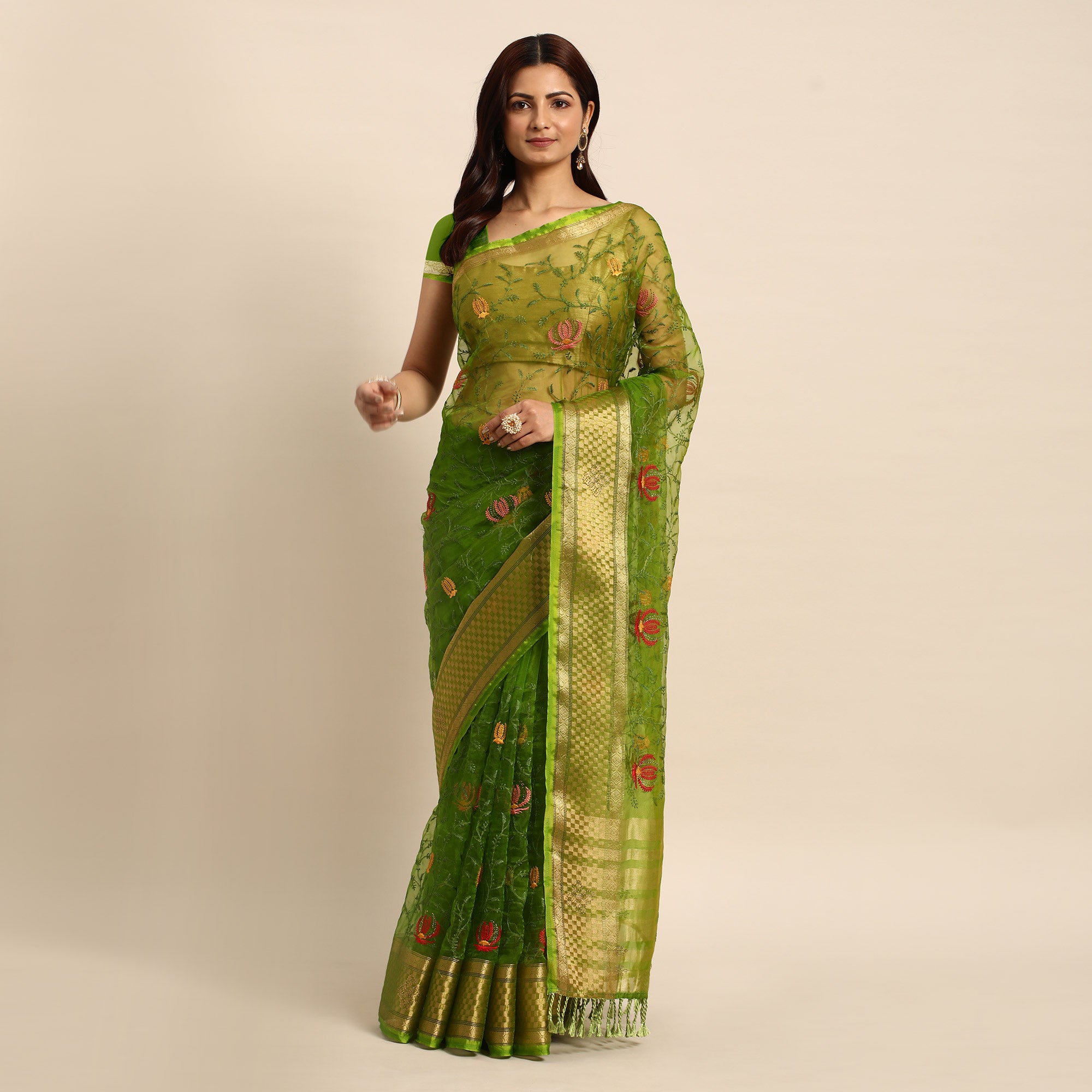 Green Floral Embroidered Organza Saree