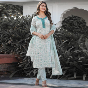 White And Green Jaipuri Printed Pure Cotton Suit