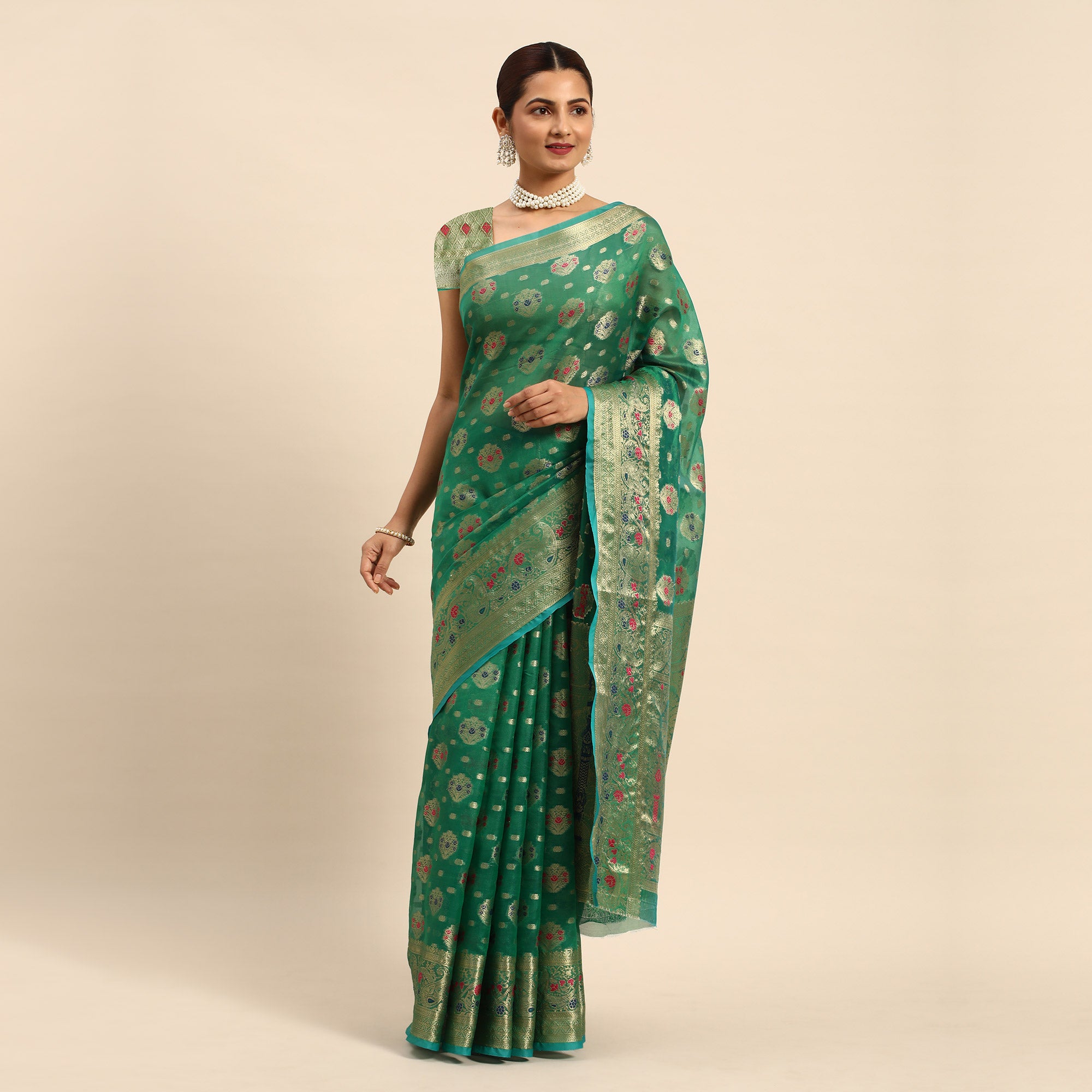 Green Floral Woven Organza Silk Saree