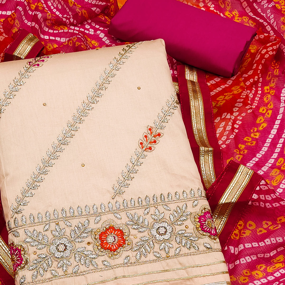 Beige Floral Embroidered Pure Cotton Dress Material