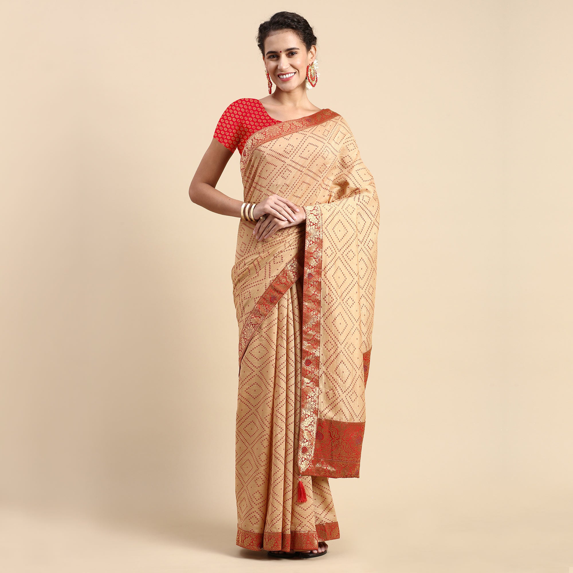 Beige Foil Printed With Swarovski Vichitra Silk Saree