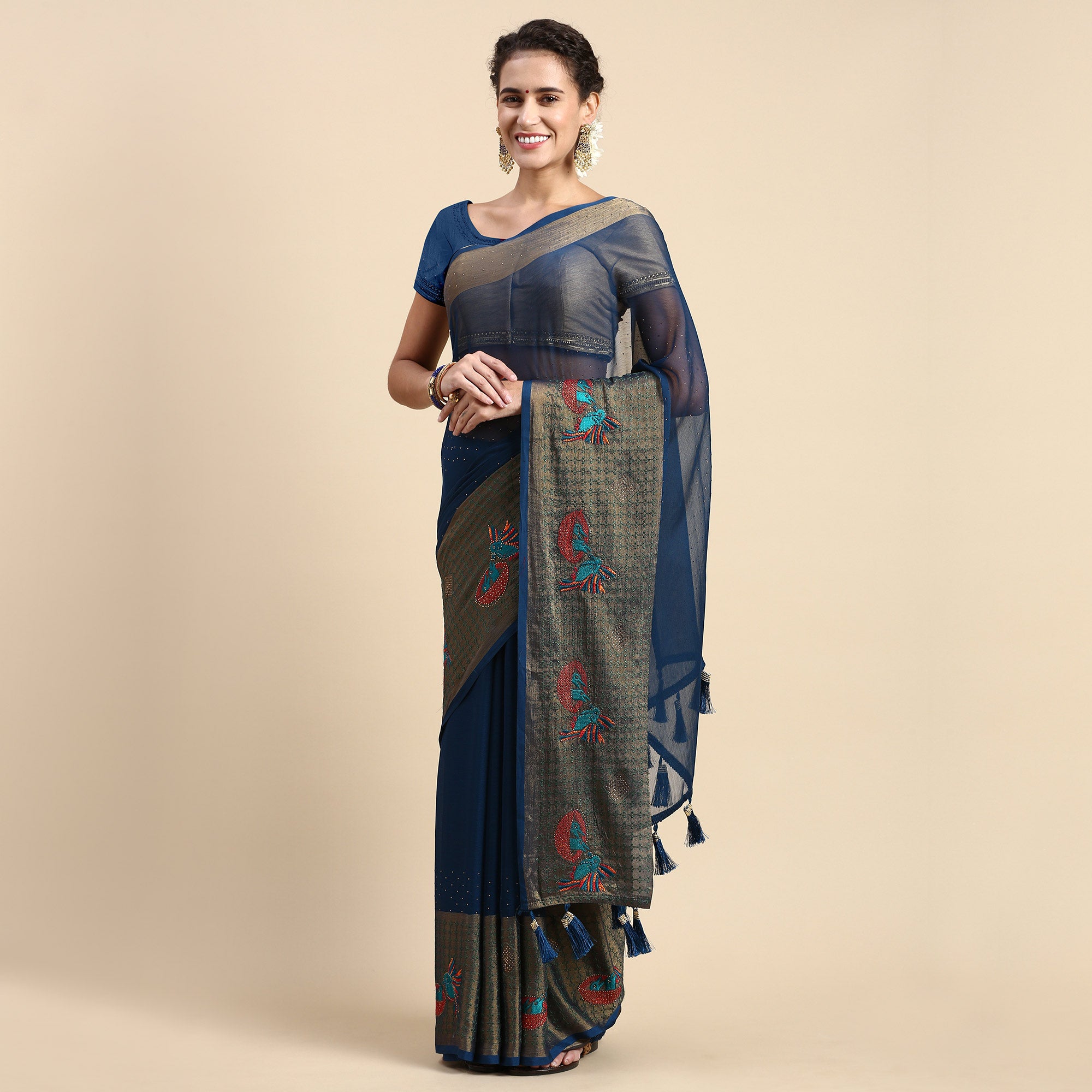 Blue Embroidered With Swarovski Work Viscose Saree