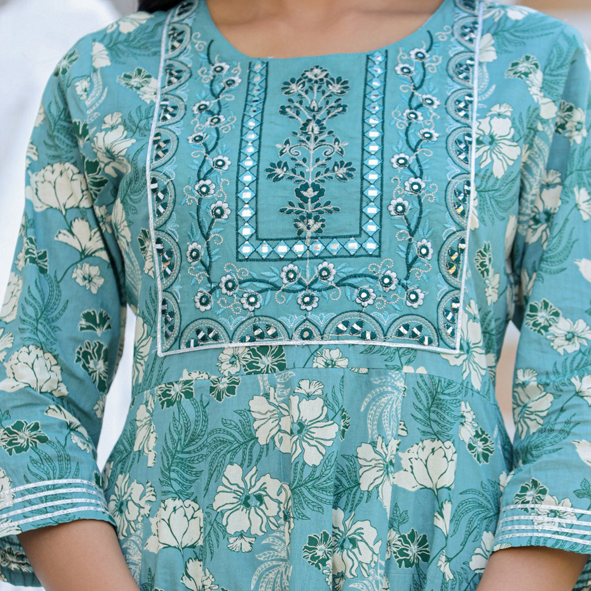 Turquoise Blue Printed With Embroidered Pure Cotton Anarkali Suit