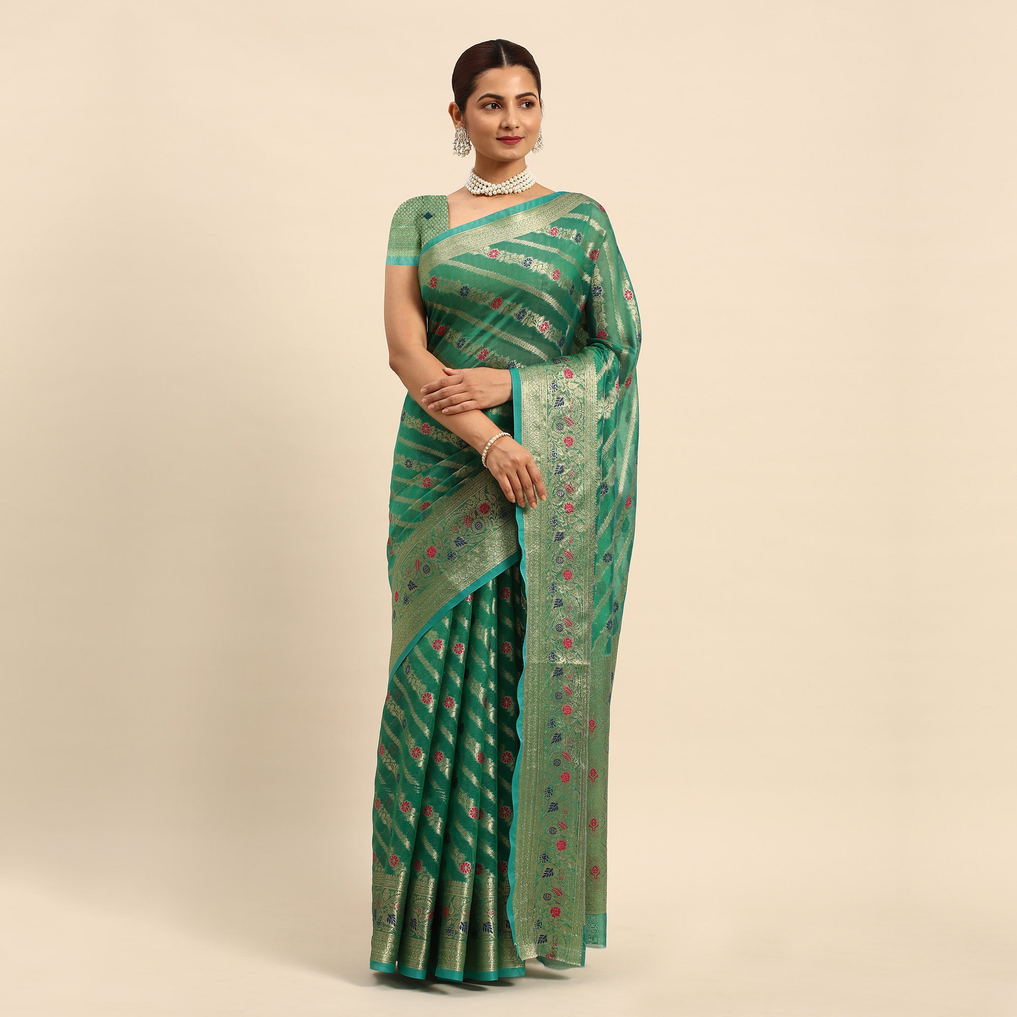 Green Floral Woven Organza Silk Saree