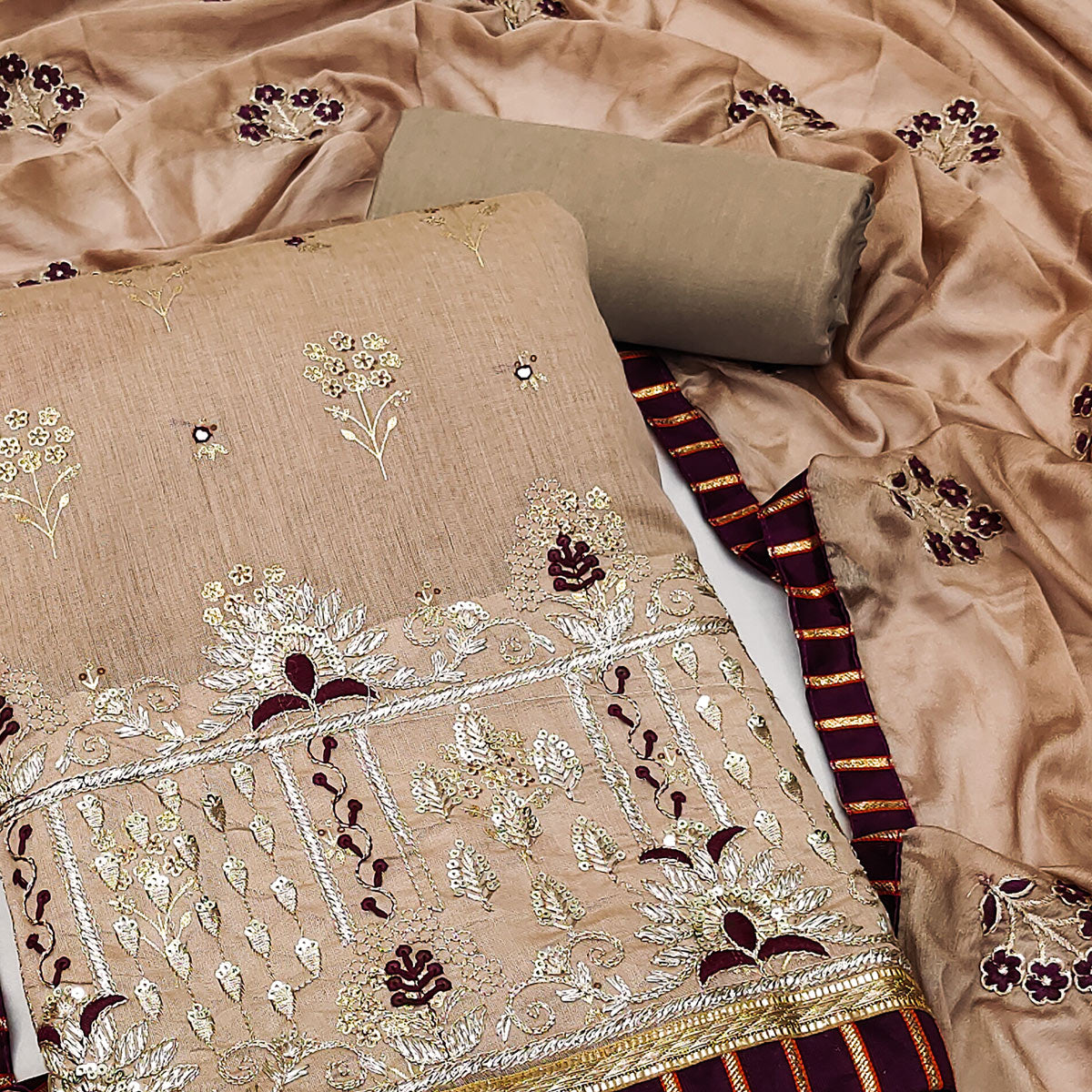Brown Floral Printed With Embroidery Modal Dress Material