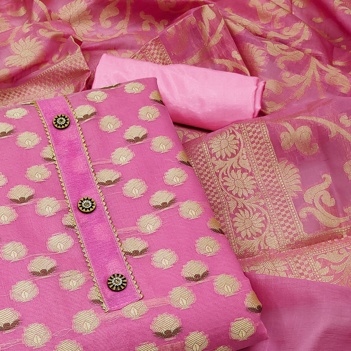 Pink Woven Banarasi Silk Dress Material