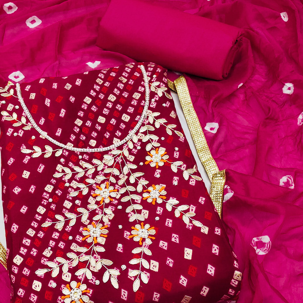 Dark Pink Printed With Handwork Pure Cotton Dress Material