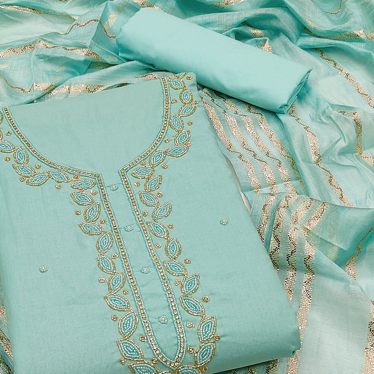Blue Zardosi Moti Work Pure Cotton Dress Material
