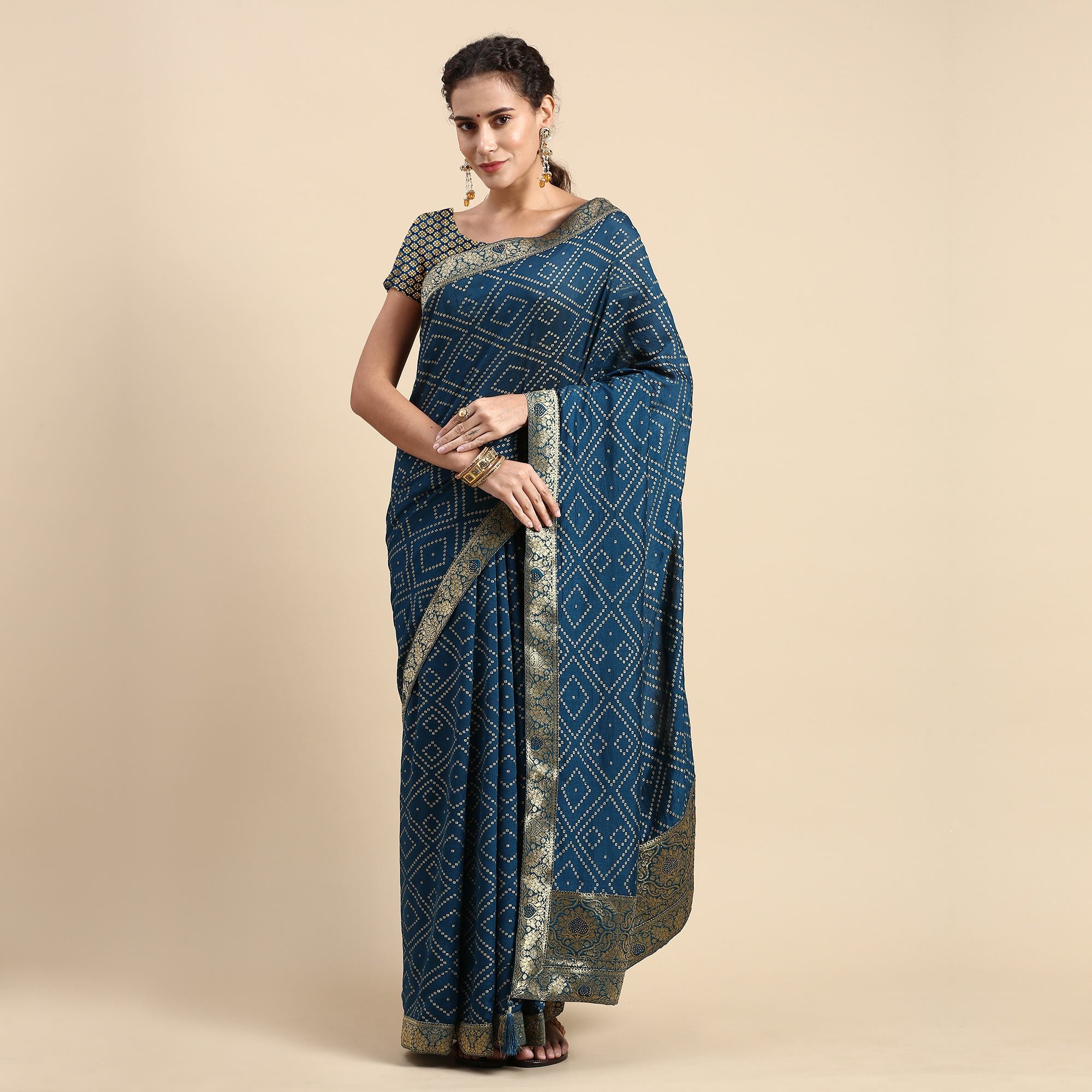 Blue Foil Printed With Swarovski Vichitra Silk Saree