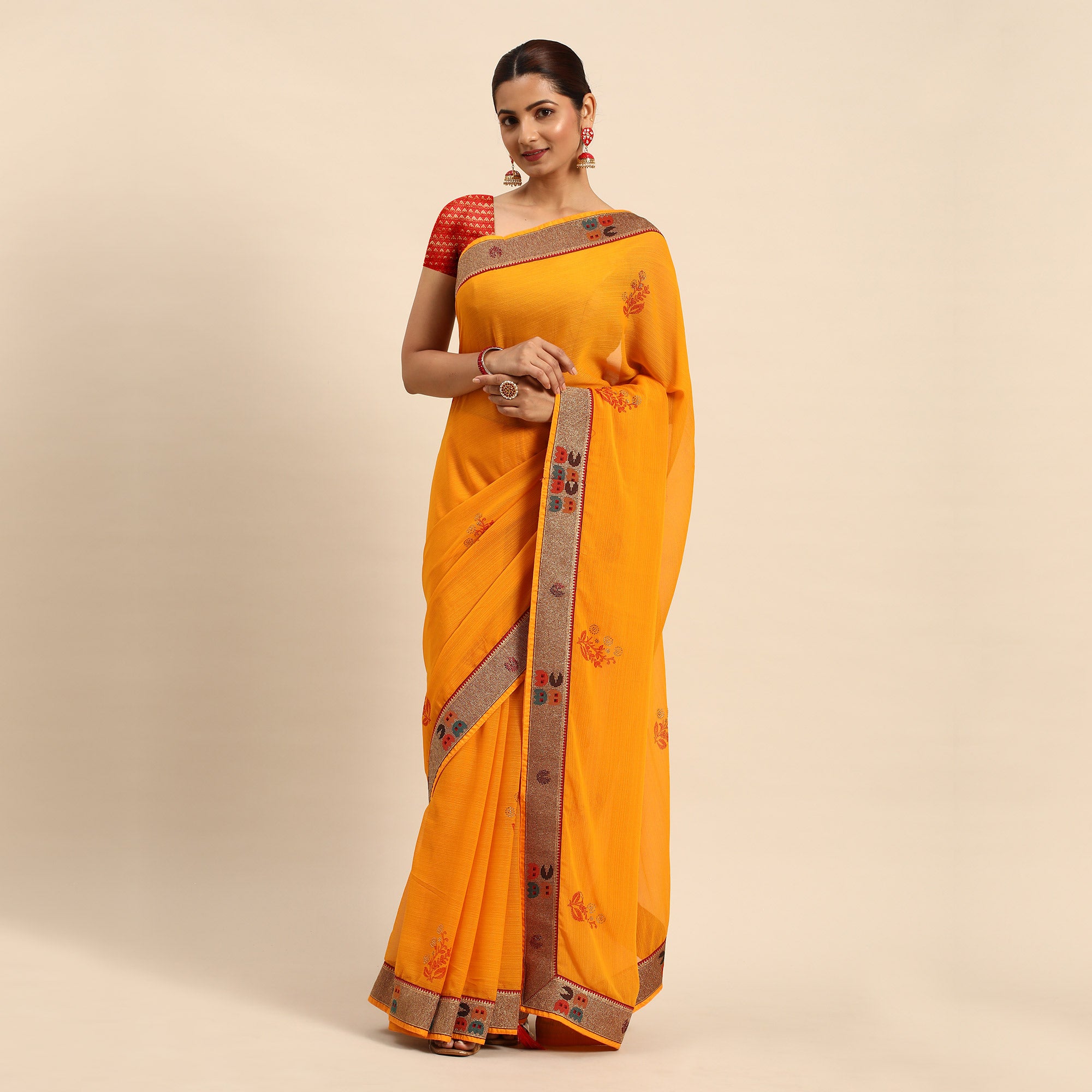 Yellow Foil Printed With Swarovski Zomato Silk Saree